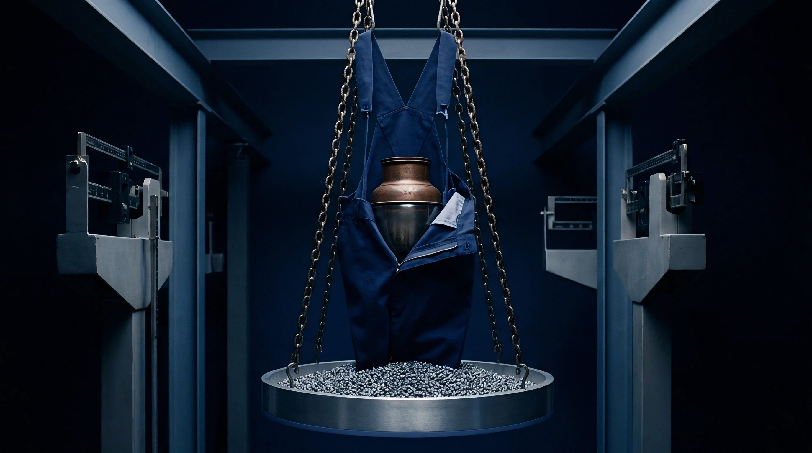 Work overalls holding a metal vessel are suspended by chains above a tray of metal shot in this digital render.