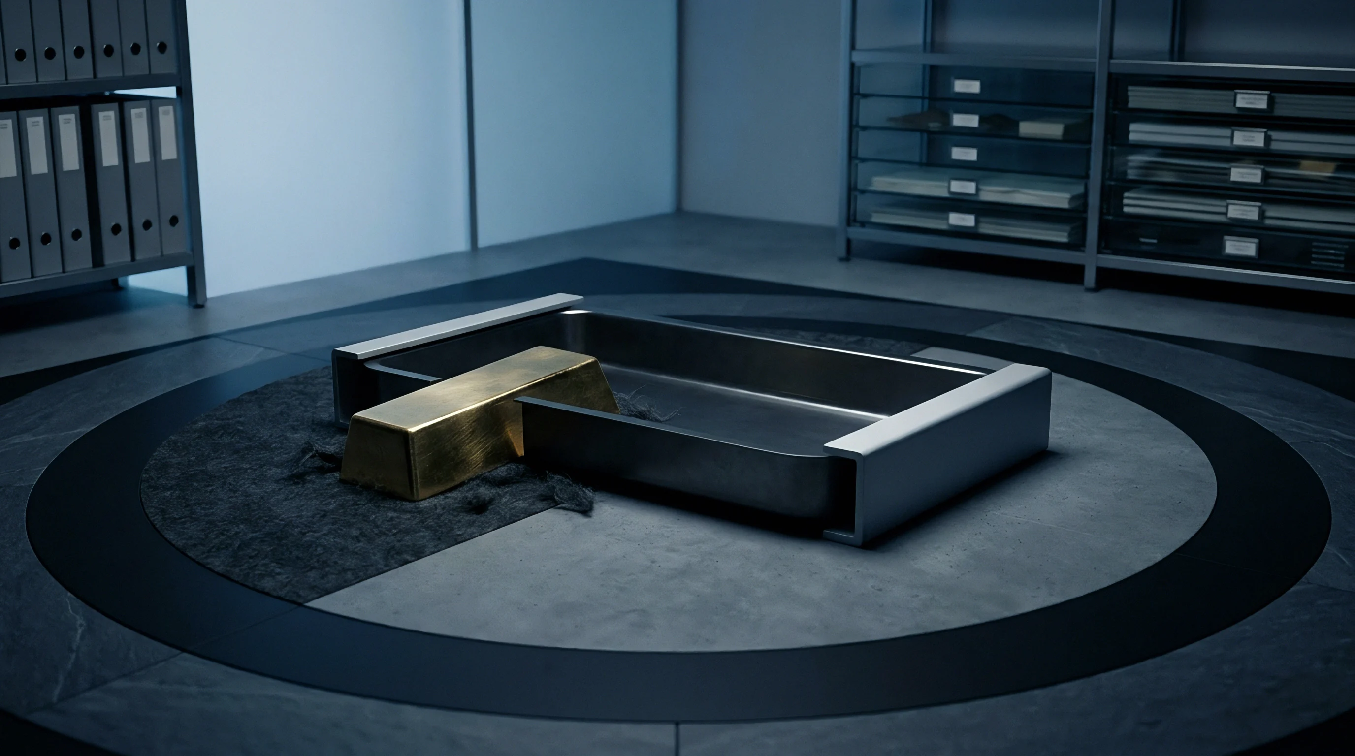 A three dimensional digital render displays a single gold bullion bar resting inside a brushed metal tray placed upon a circular floor inlay.