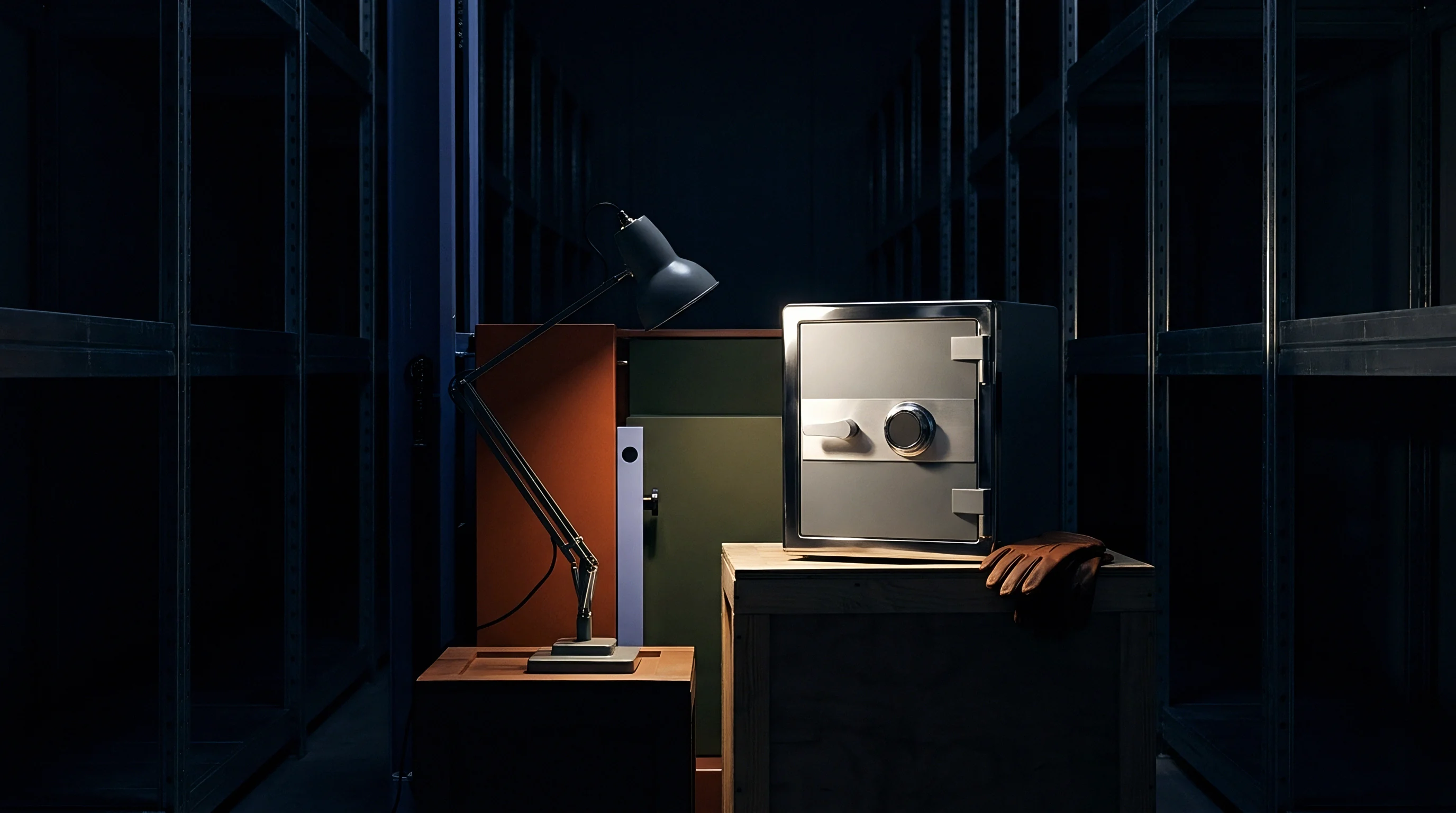 A metallic security safe sits upon a wooden shipping crate within a dimly lit industrial storage facility featuring vertical metal shelving units.