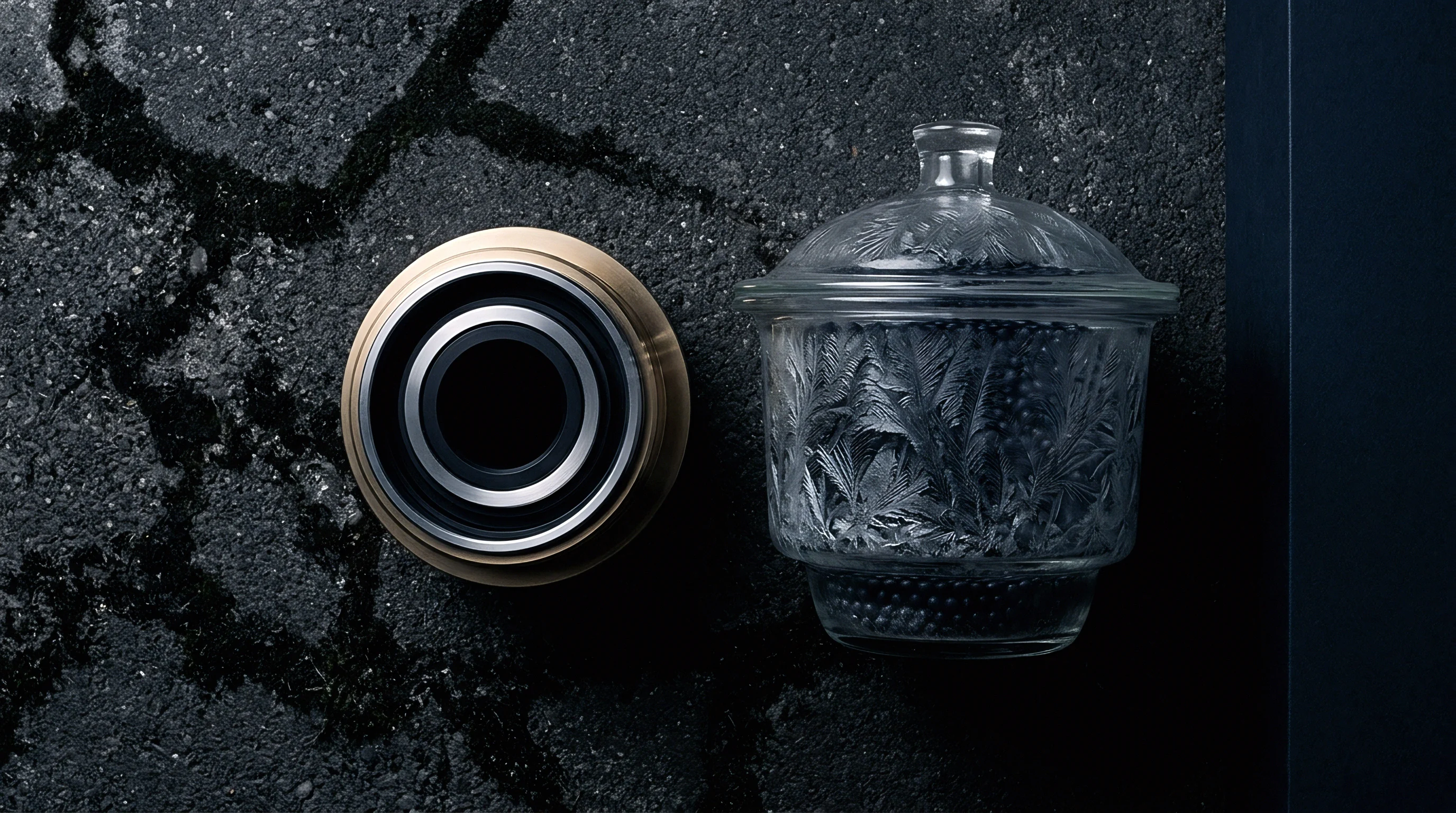 Precision steel bearing and frosted glass vessel rest upon cracked dark asphalt during industrial partnership development phases.
