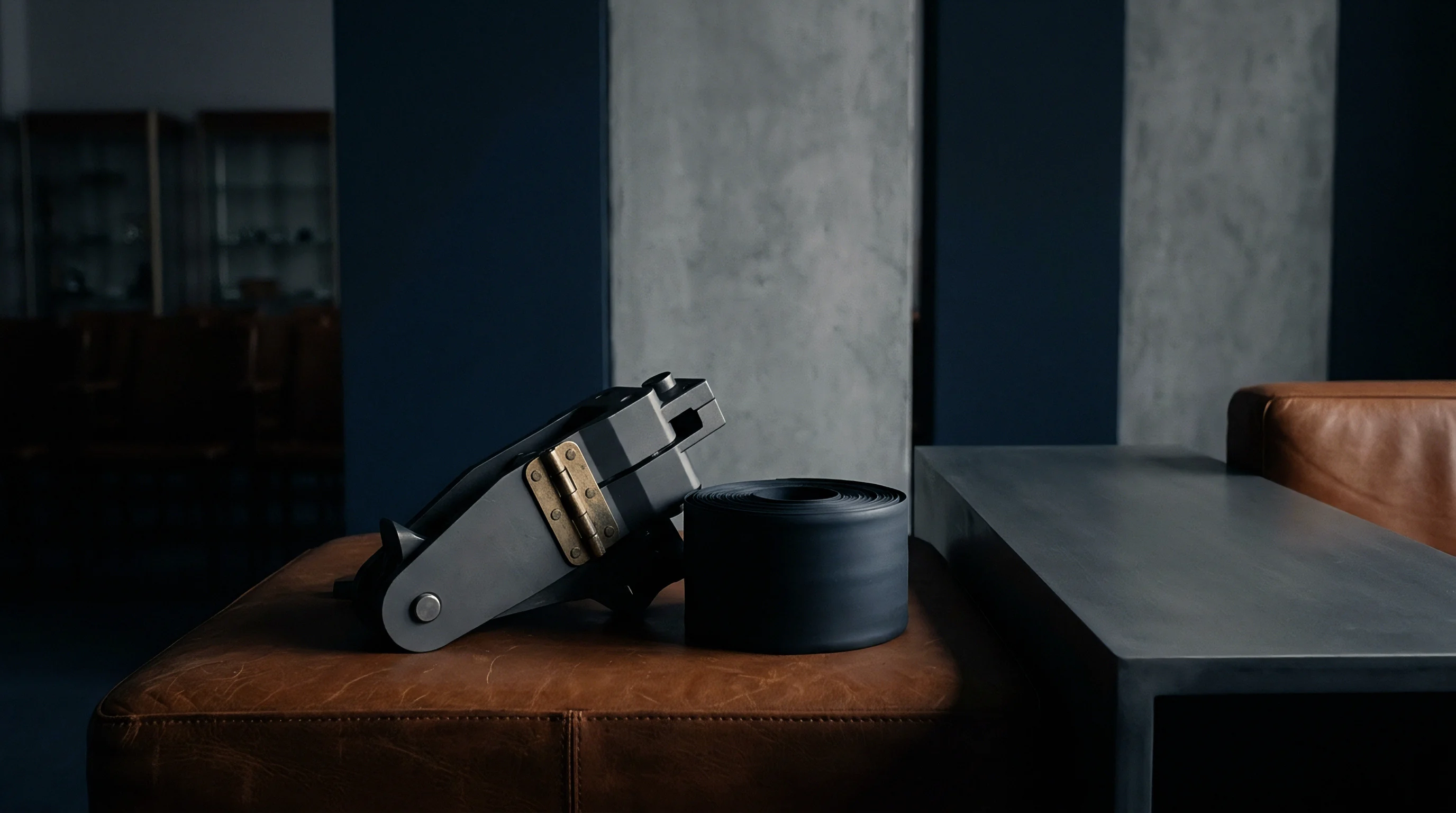 A heavy steel clamping tool with brass hardware sits beside a cylindrical roll of polymeric strapping upon a brown leather surface.