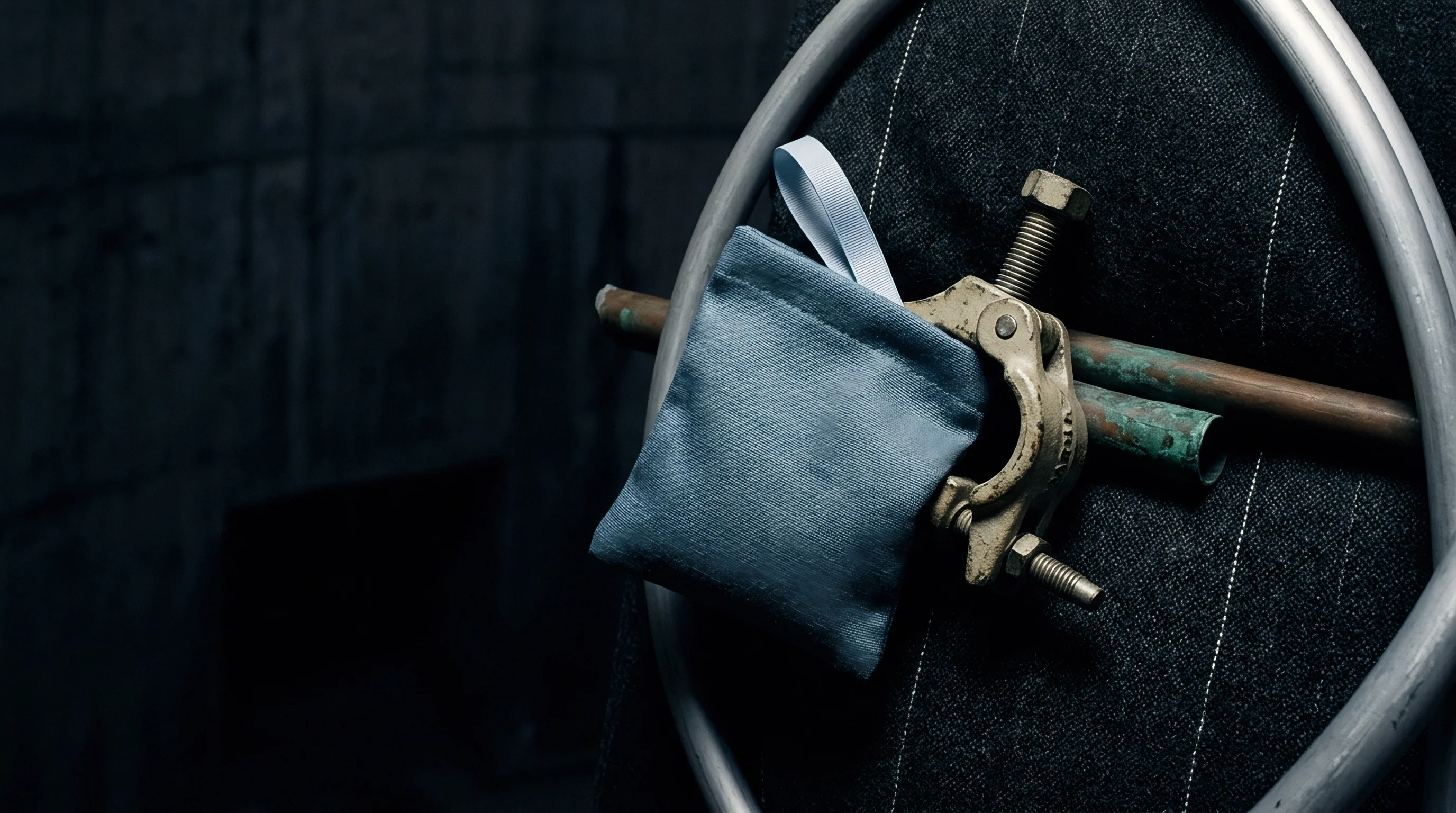 A textile swatch pouch rests secured by an industrial pipe clamp against a coarse synthetic surface to demonstrate material fastening and assembly validation protocols.