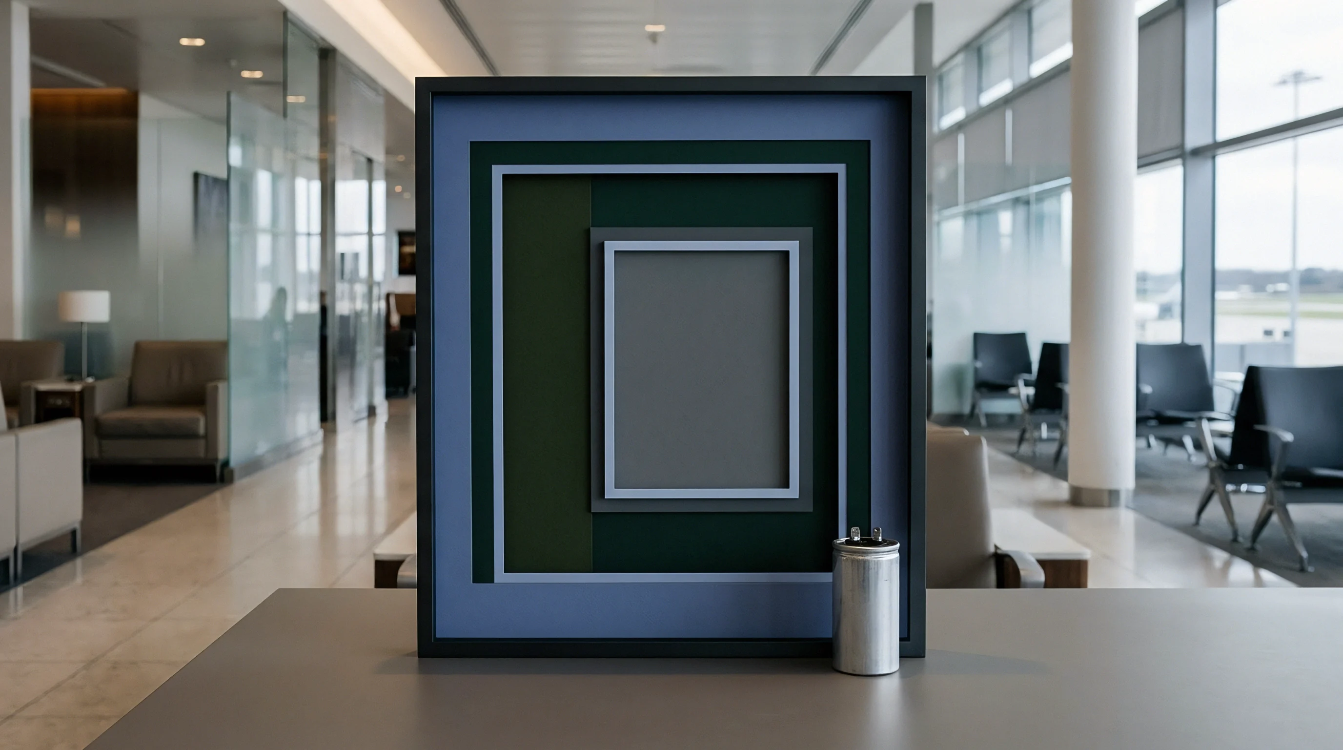 An aluminum electrolytic capacitor stands beside a multi layered geometric frame inside a vacant airport terminal concourse.