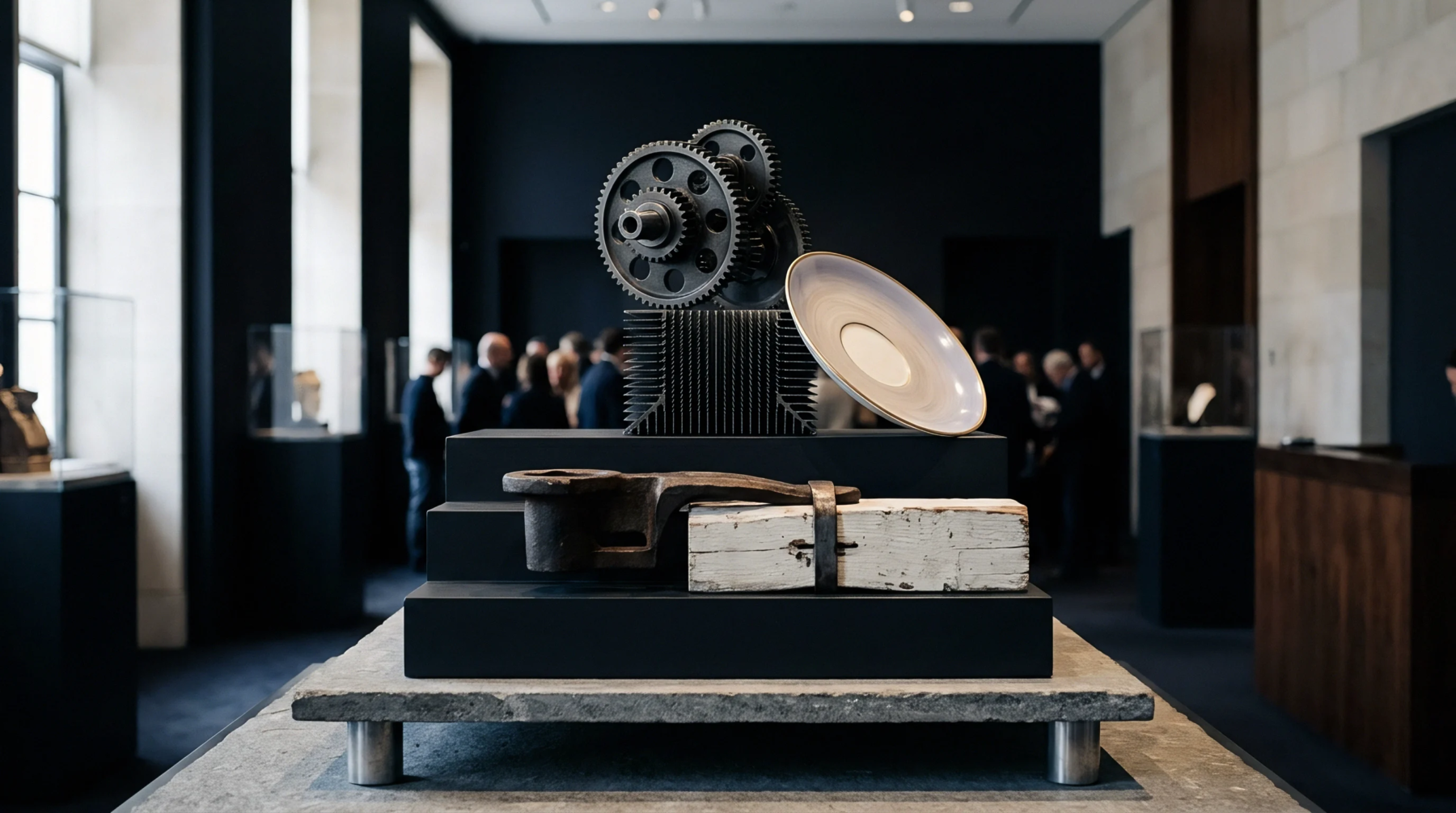 Cast metal gears and machined components rest on tiered display pedestals within a dark industrial exhibition hall filled with attendees.