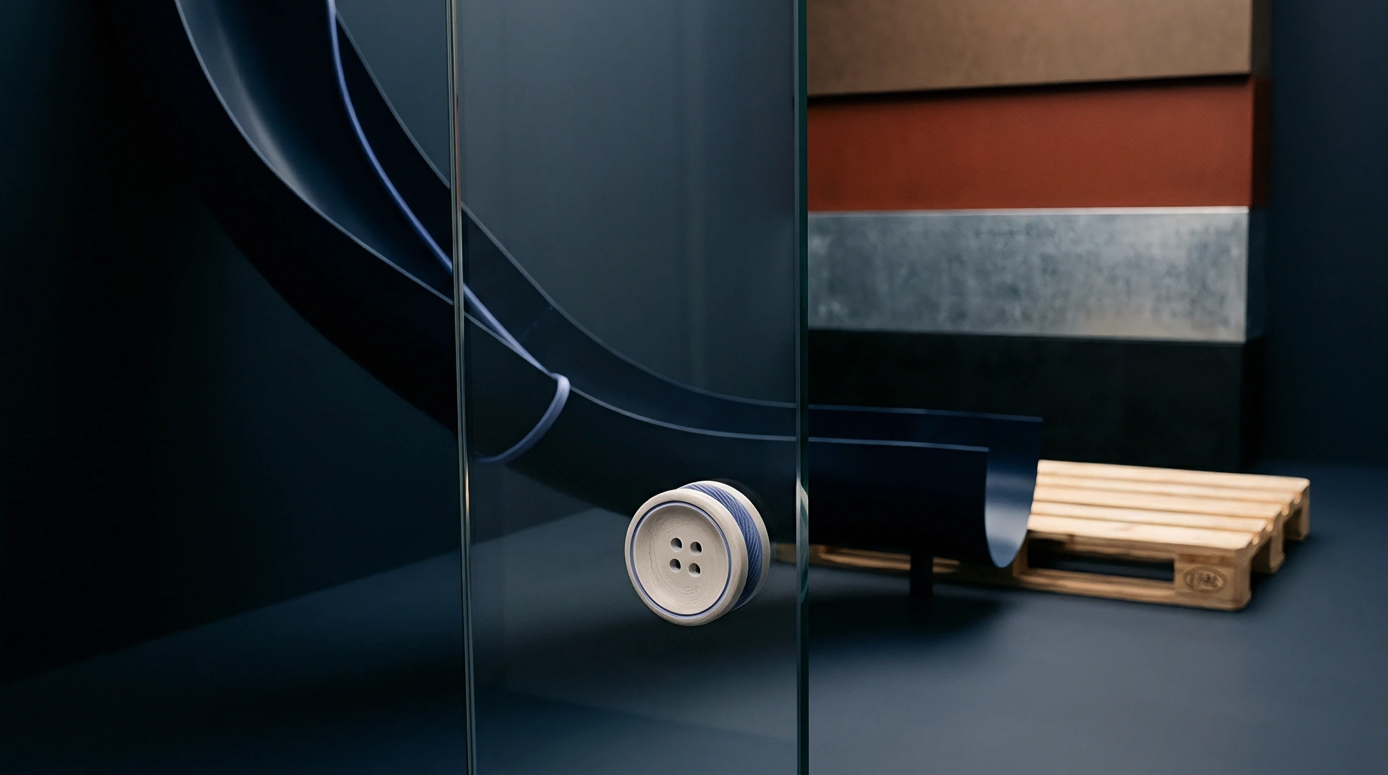 A dark composite slide model and ceramic button fastener sit beside stacked material panels and a wooden pallet behind a glass partition.