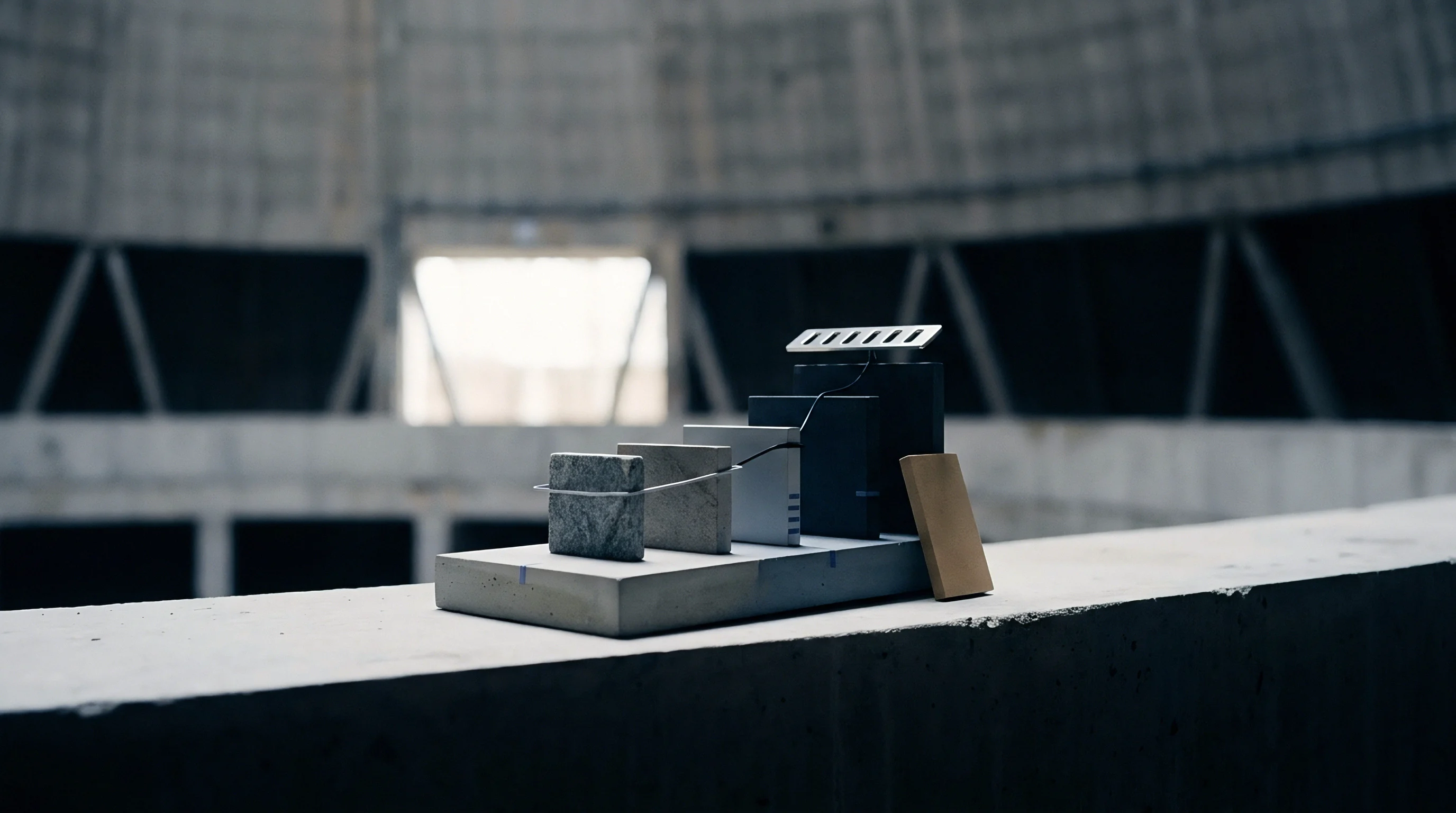 A group of varied material blocks and an electronic unit displayed on a concrete platform within an industrial concrete structure.