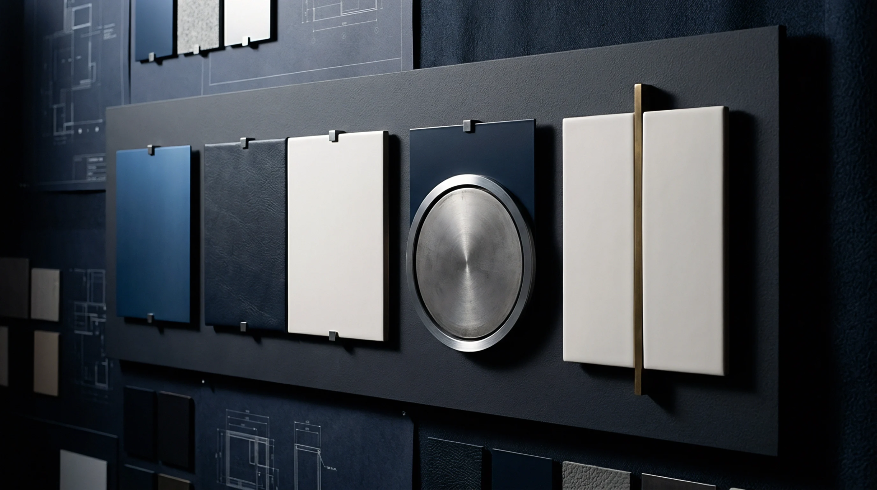 A curated display of industrial design elements showcases material and finish options for new product specifications.
