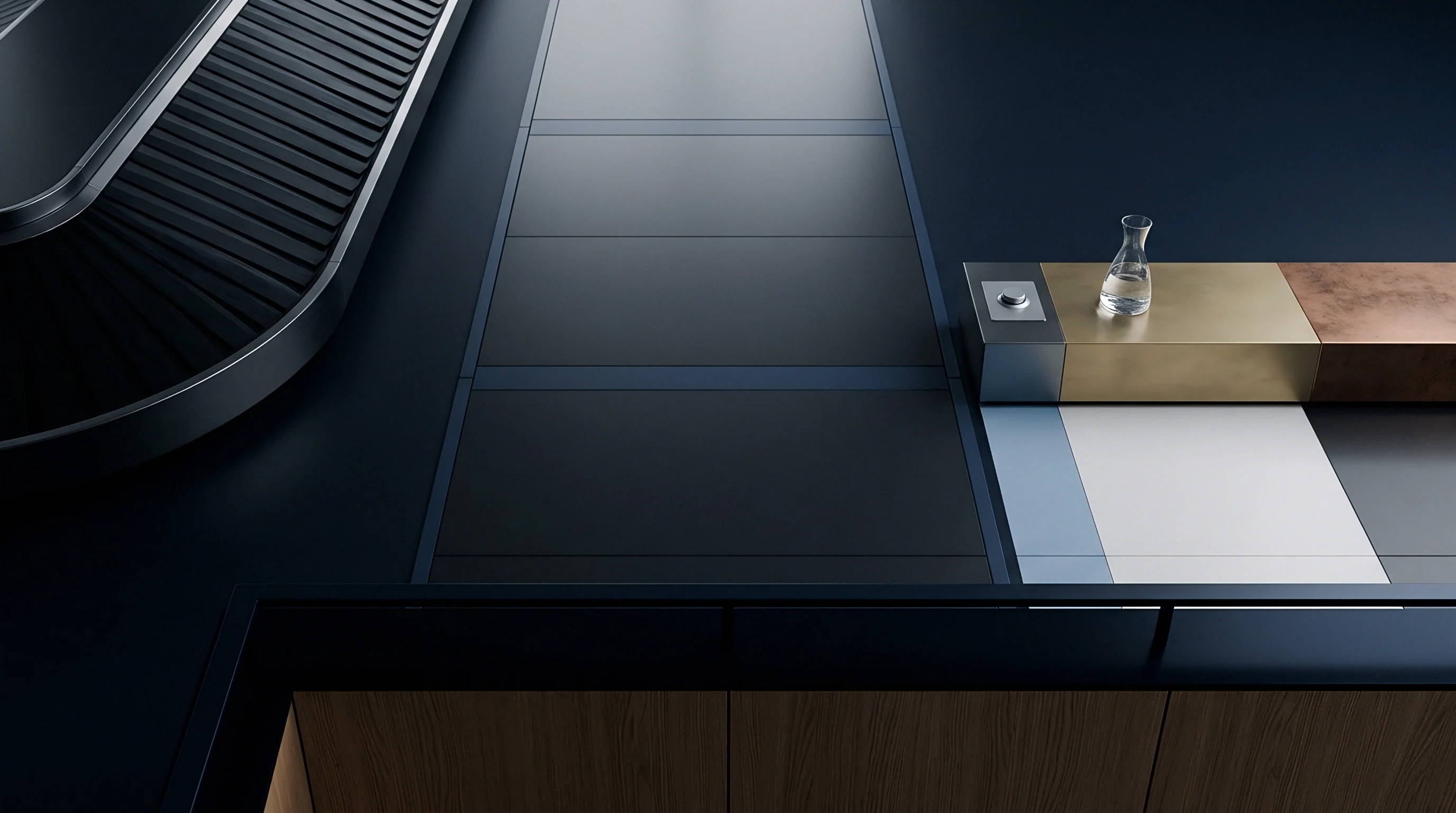 A digital render presents a multi-material assembly workstation alongside a segmented conveyor track on a dark polymer surface.