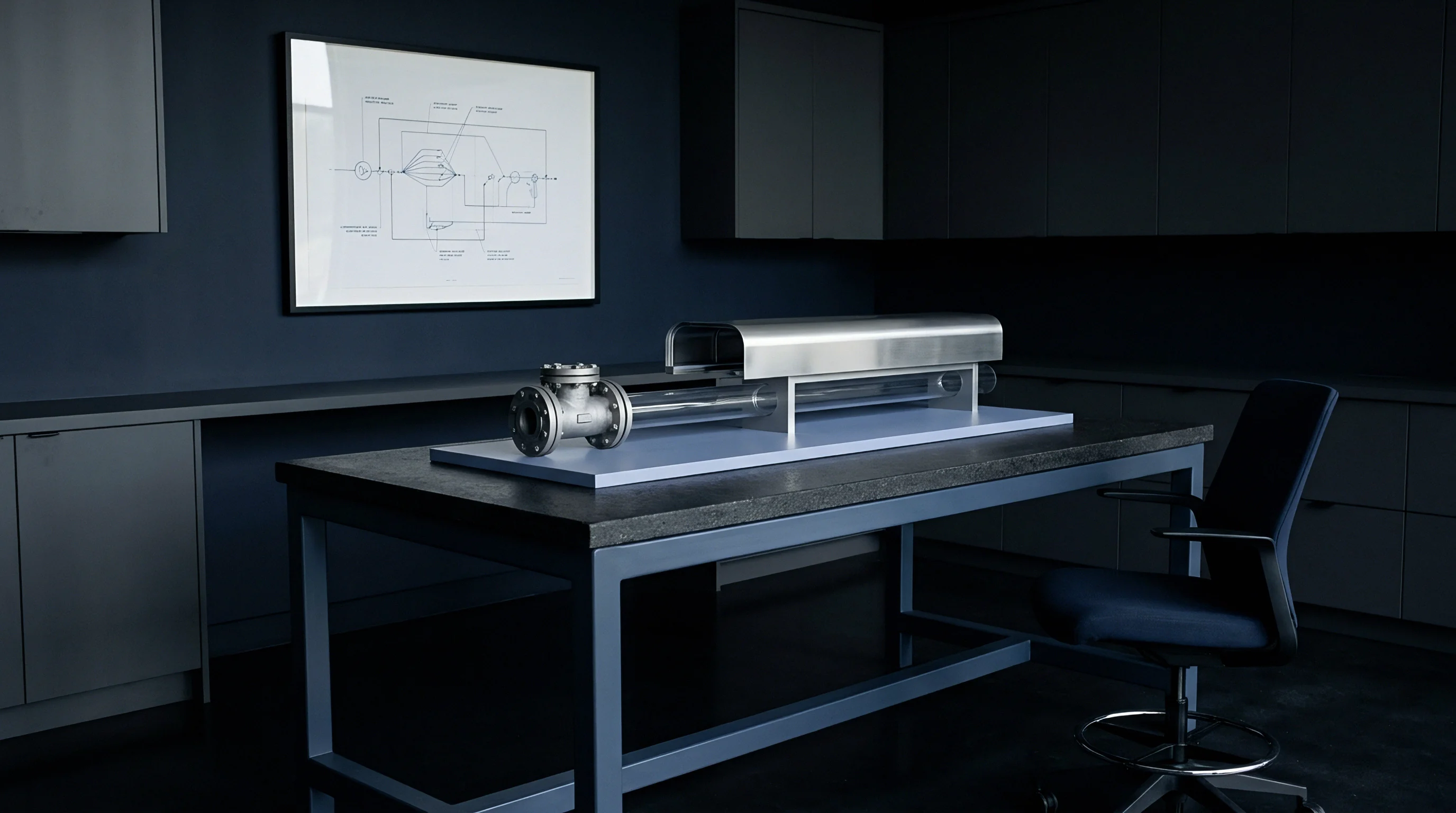 Metallic valve assembly and glass pipe component rest on a dark desk within a professional laboratory environment for industrial research and component testing.