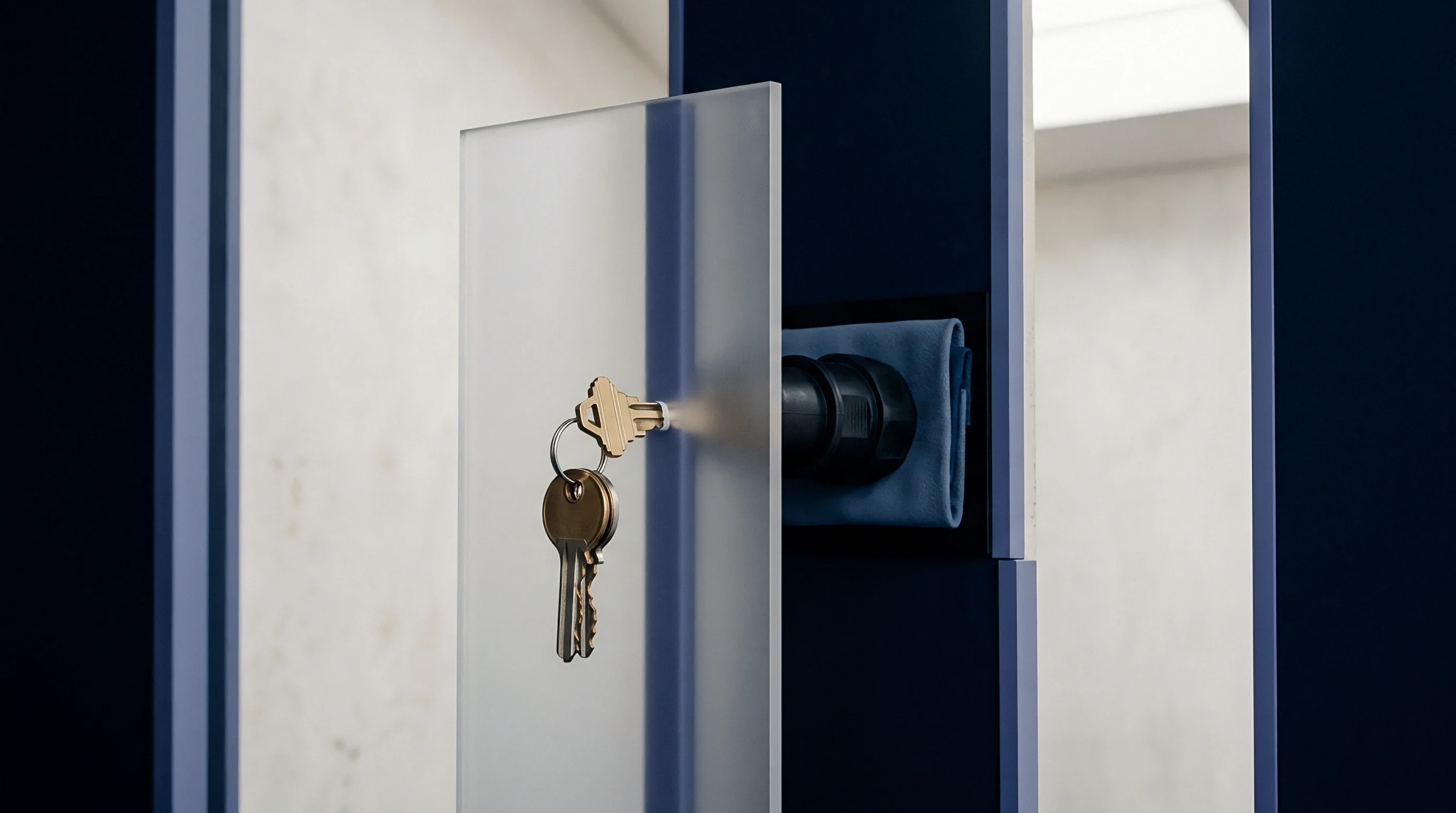 Keys protrude from a frosted polycarbonate panel mounted to a heavy dark blue industrial structure housing specialized machinery.