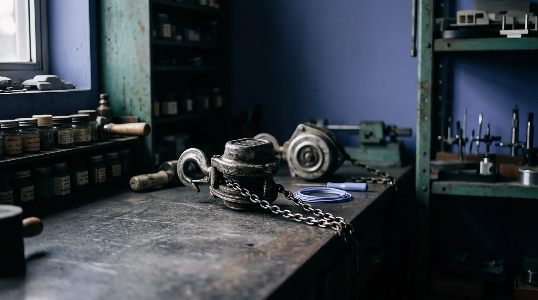 A heavy industrial chain hoist mechanism rests upon a worn steel workbench inside a professional fabrication and assembly workshop facility.
