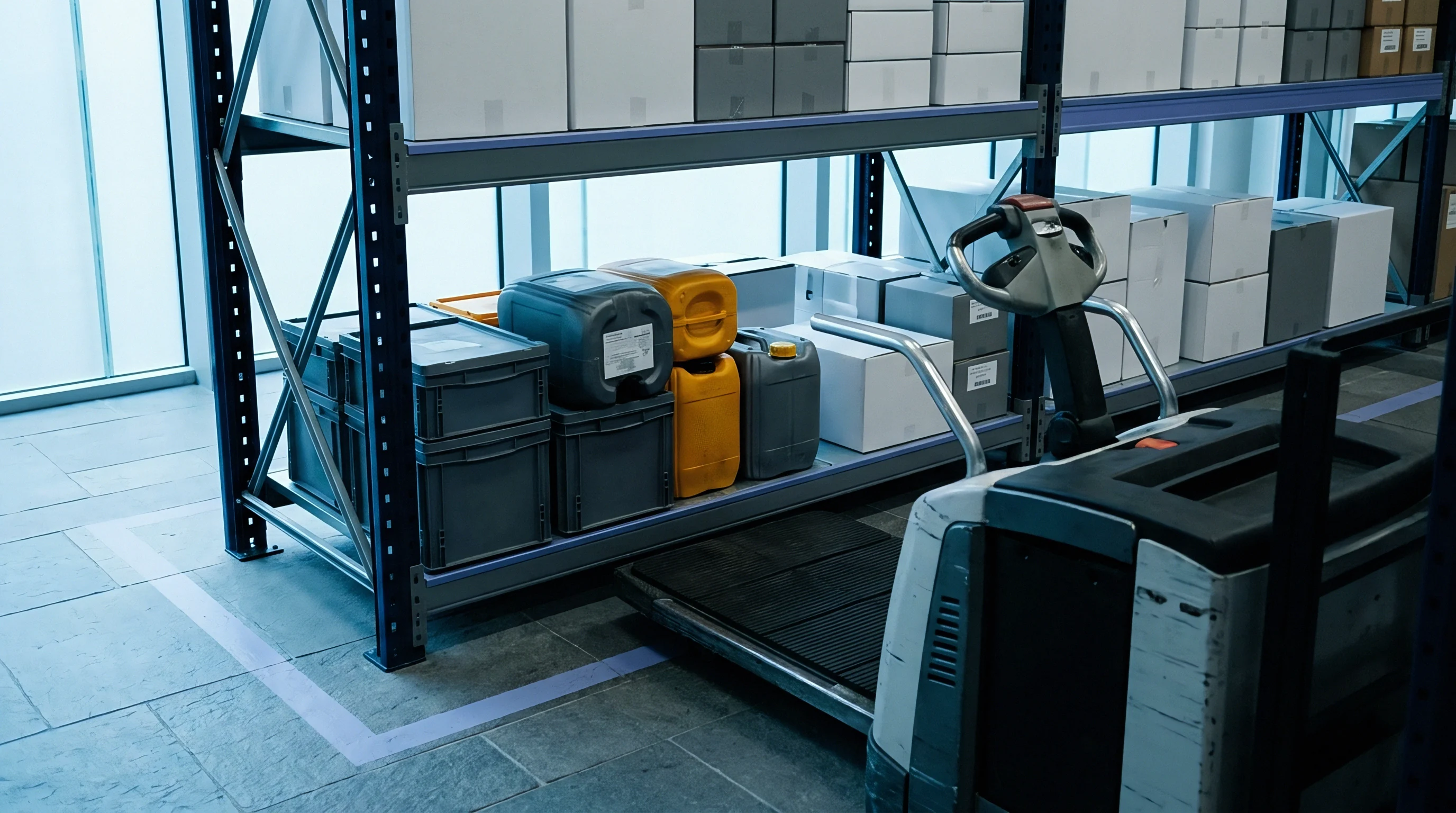 An industrial facility interior features multi-level storage racking holding various production materials and finished goods containers, alongside powered material handling equipment.