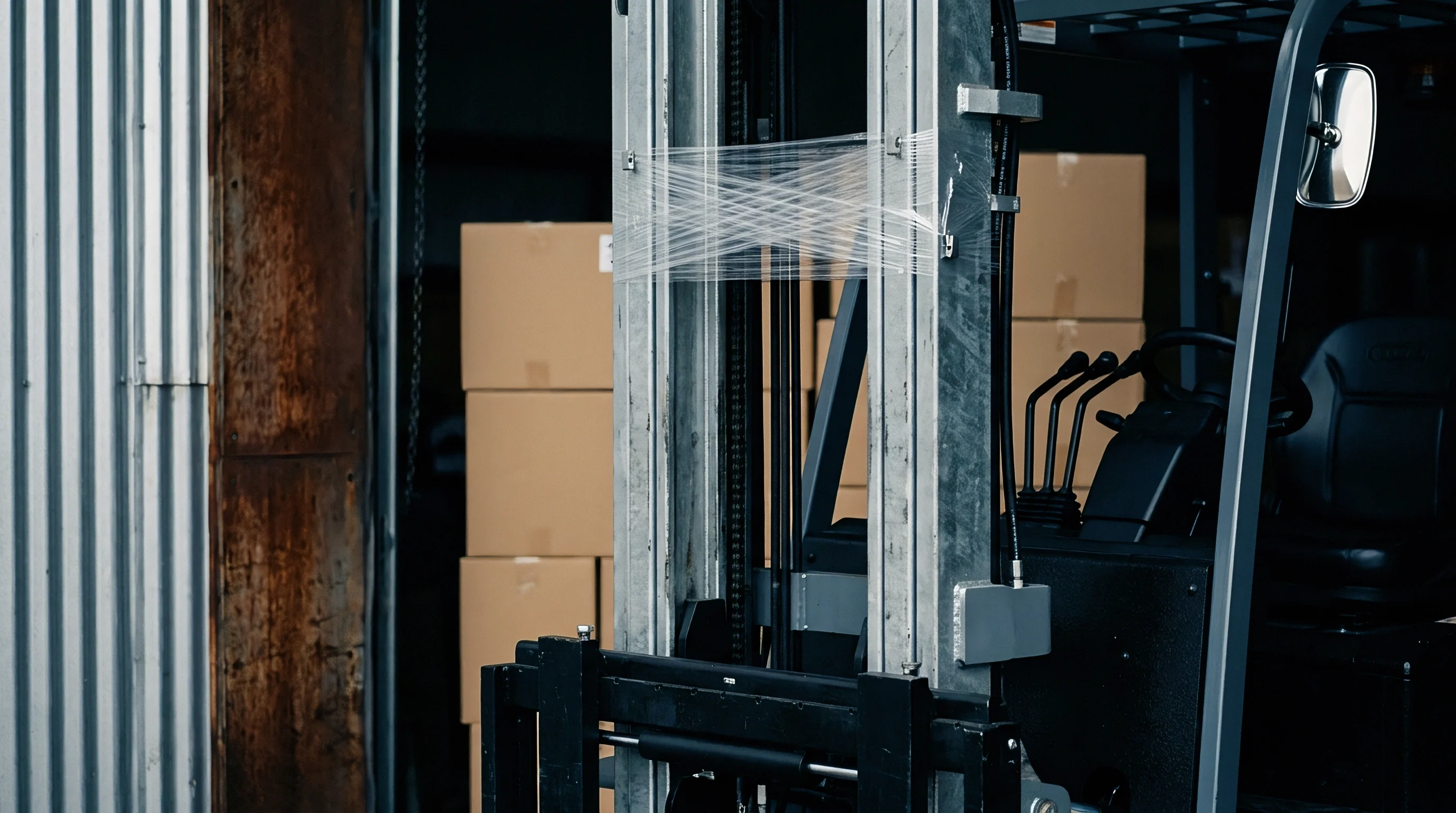 Heavy industrial machinery and stacked cardboard inventory occupy a manufacturing facility floor next to corrugated metal partitioning.