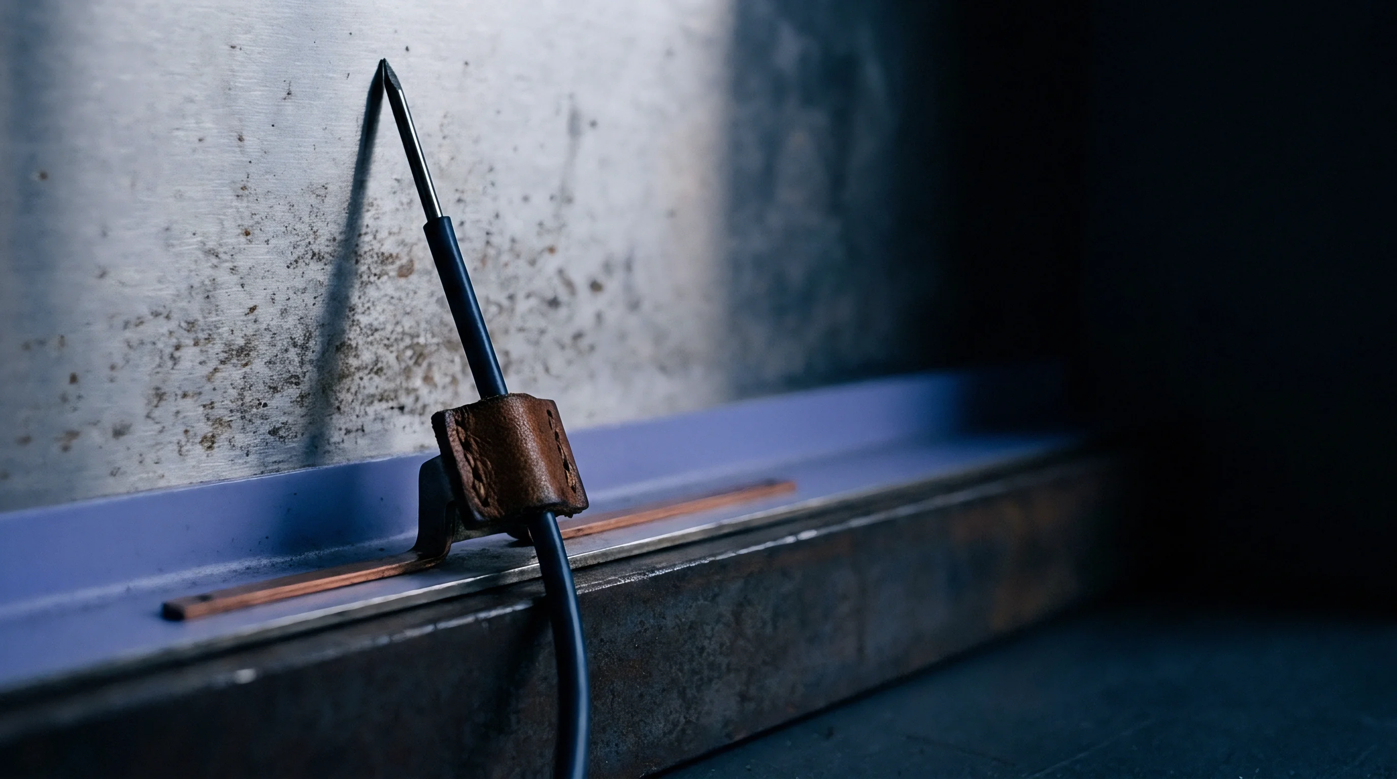A grounding wire is attached to a textured metal surface via a brown leather strap and a copper grounding strip in a dimly lit industrial setting.