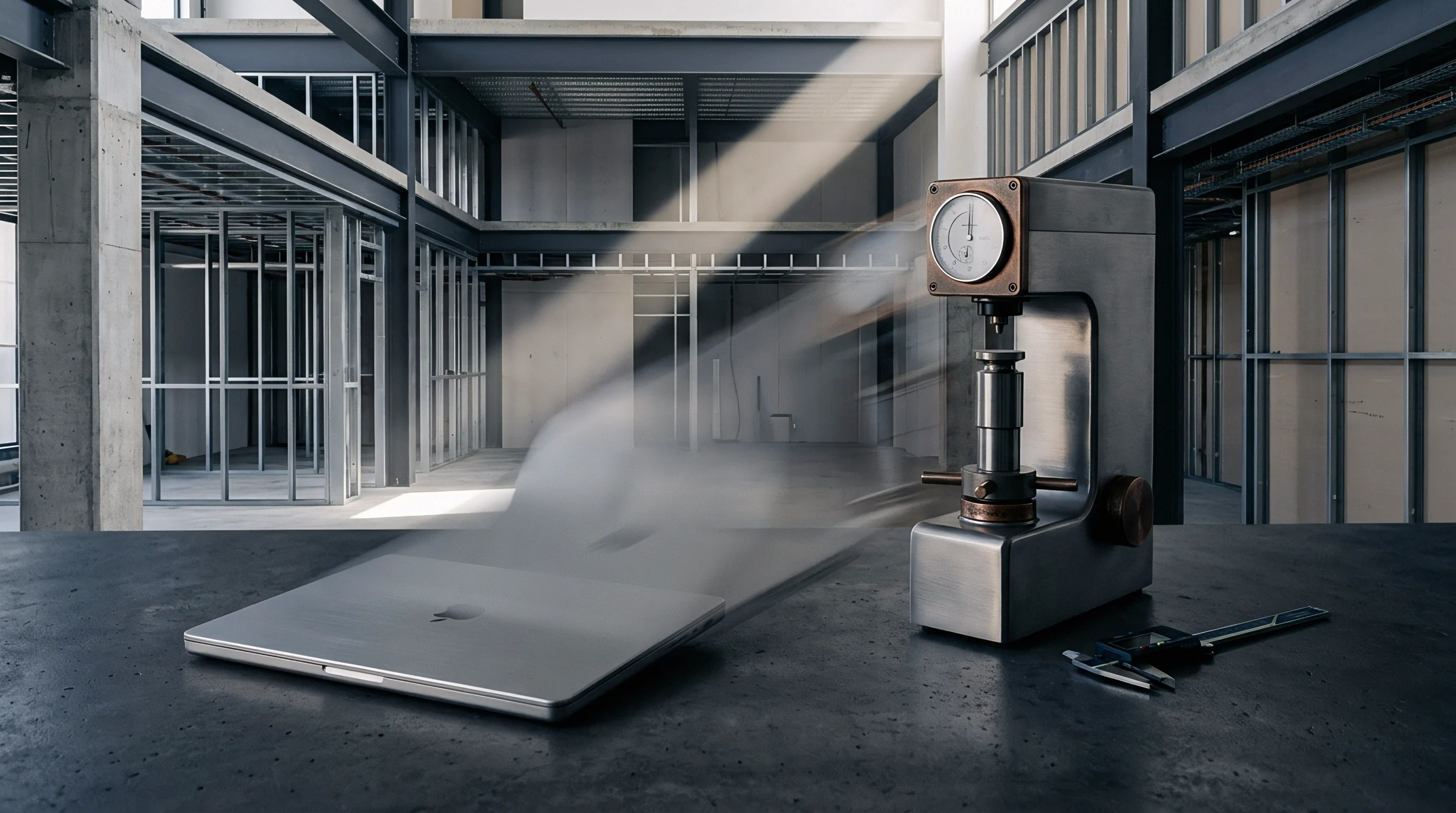 Metal hardness testing equipment sits alongside a laptop on a concrete surface within an unfinished steel frame warehouse environment.