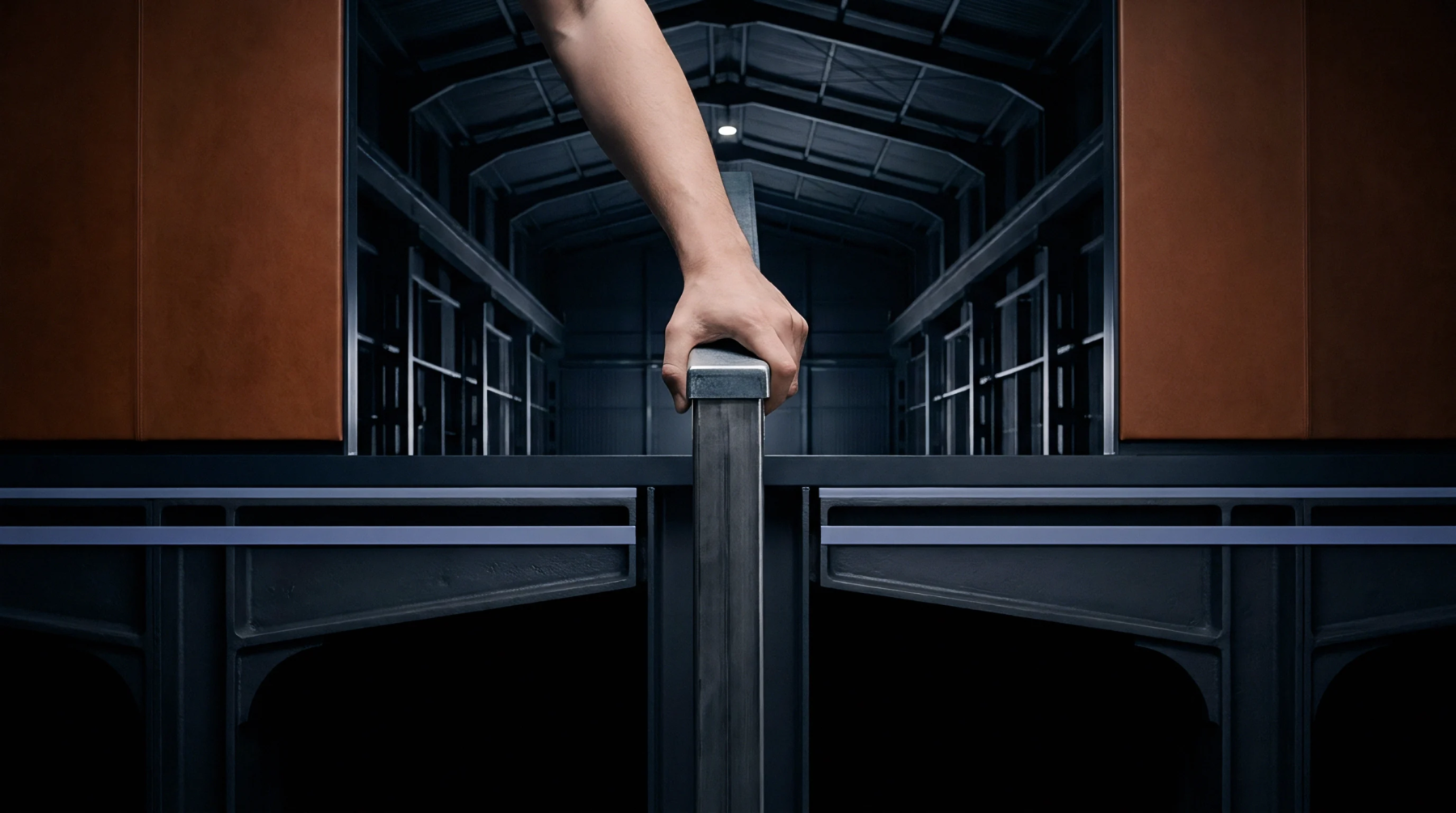 A human hand grasps a steel vertical post separating two mirrored dark industrial corridor bays within a modular production environment.