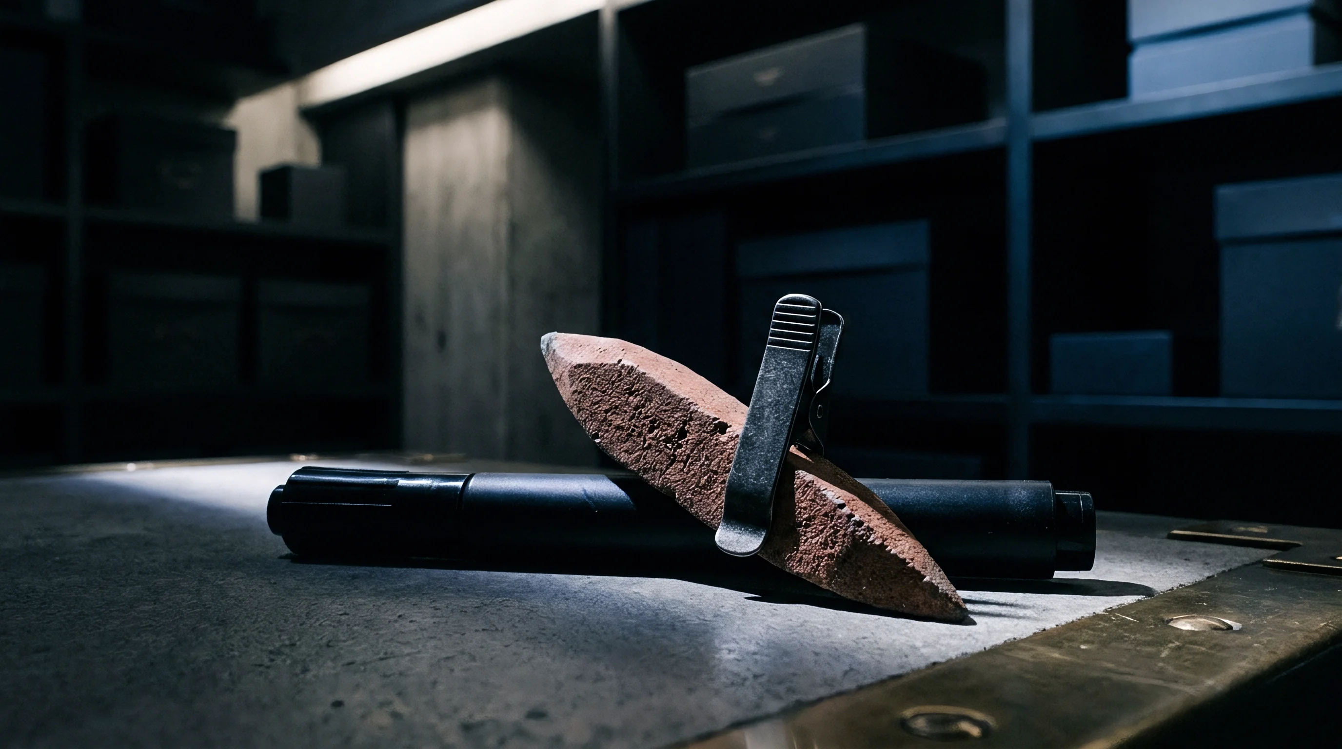 A shaped stone point fitted with a steel pocket clip rests upon a dark metal tube inside a storage room.