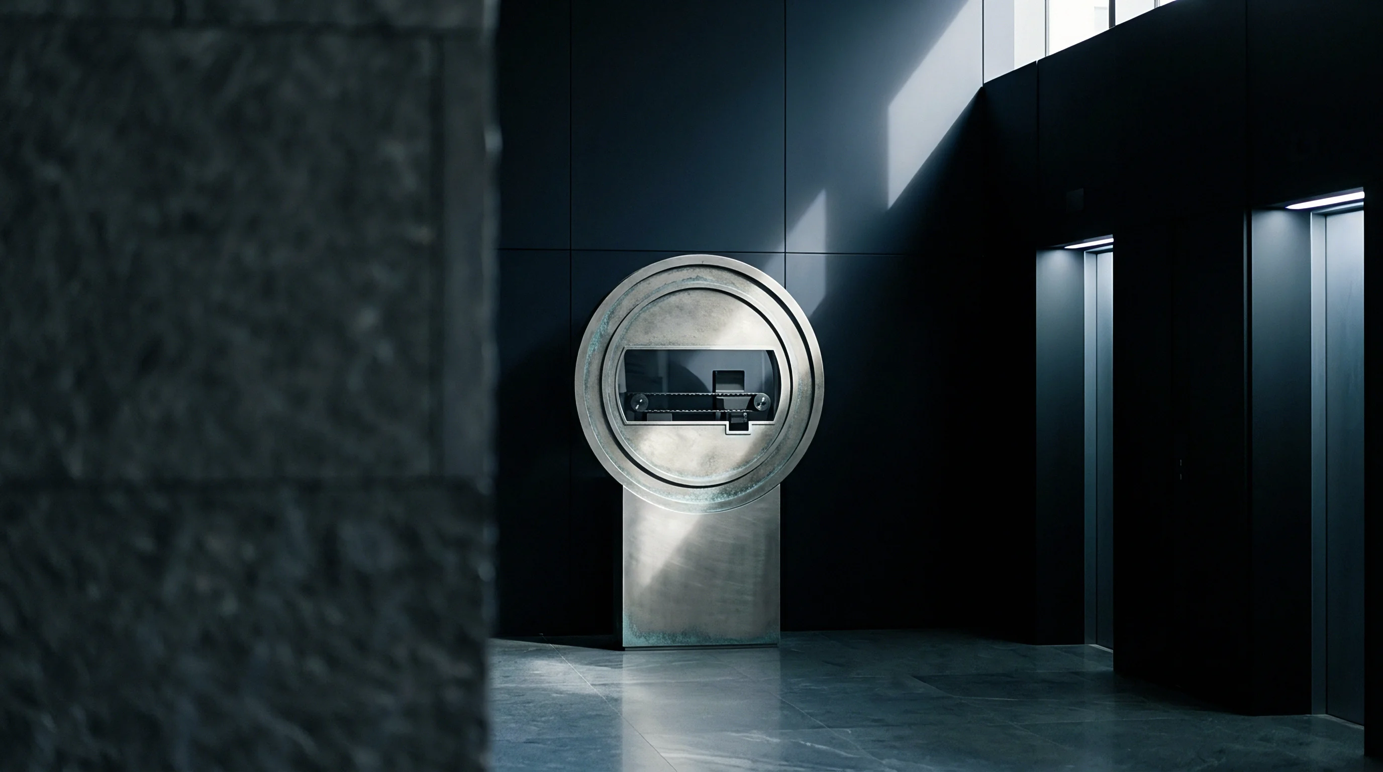 A metal sculpture containing a mini conveyor mechanism stands in a minimalist dark lobby next to modern elevator doors.