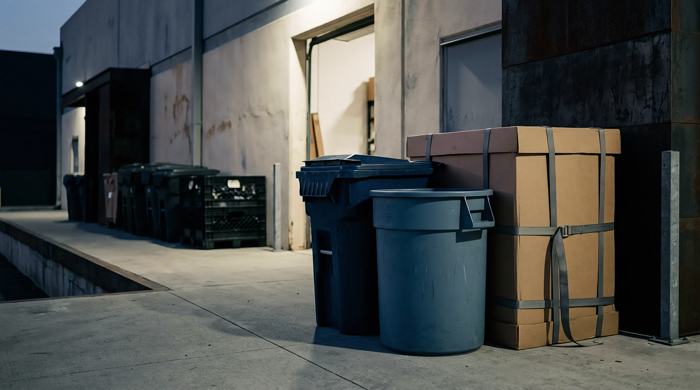 Reinforced corrugated freight containers and polyethylene refuse bins rest on a concrete loading dock outside an industrial warehouse facility.