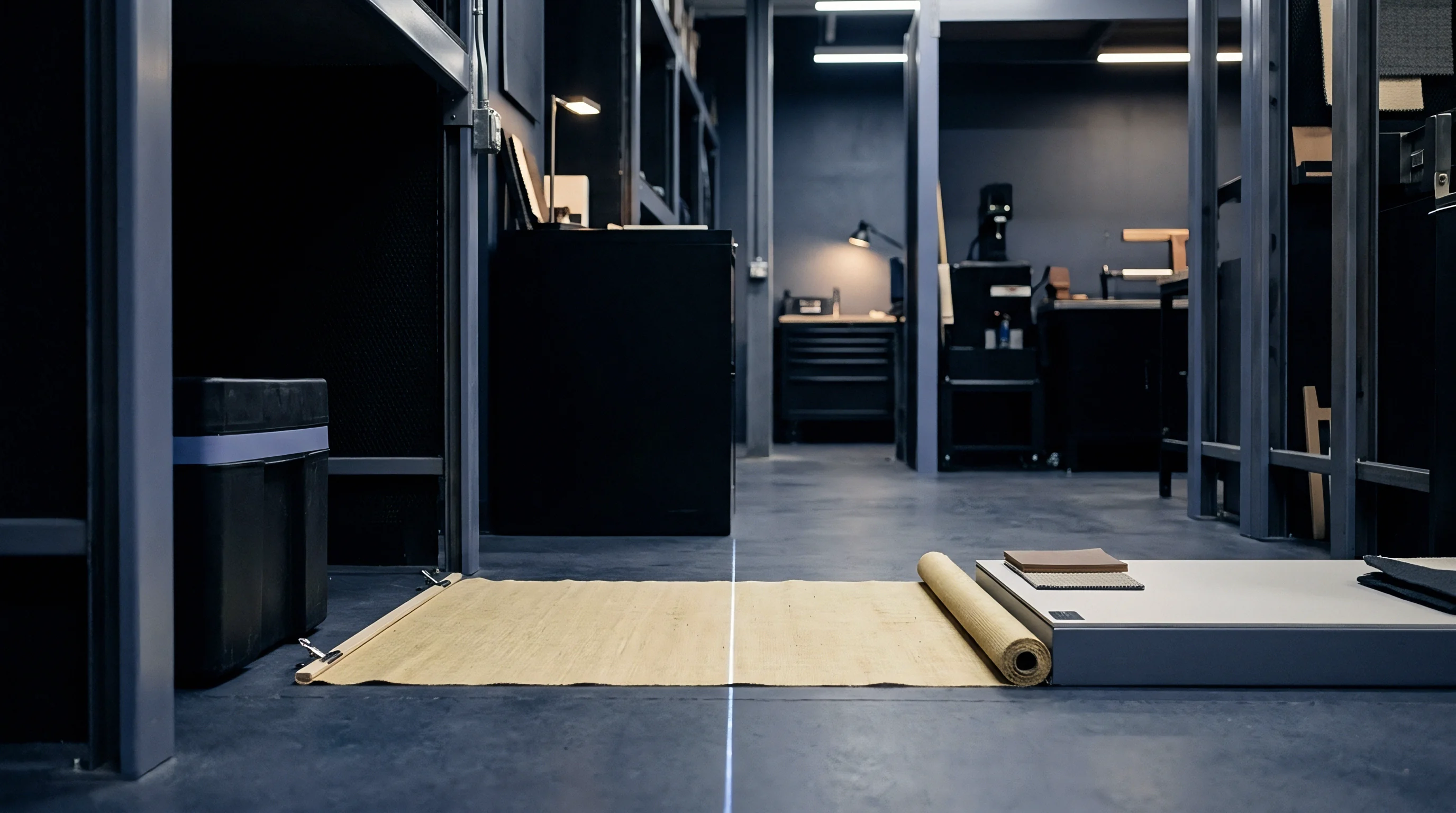 A woven fabric roll unrolls across a dark industrial warehouse floor beside storage racks and metal cabinetry.