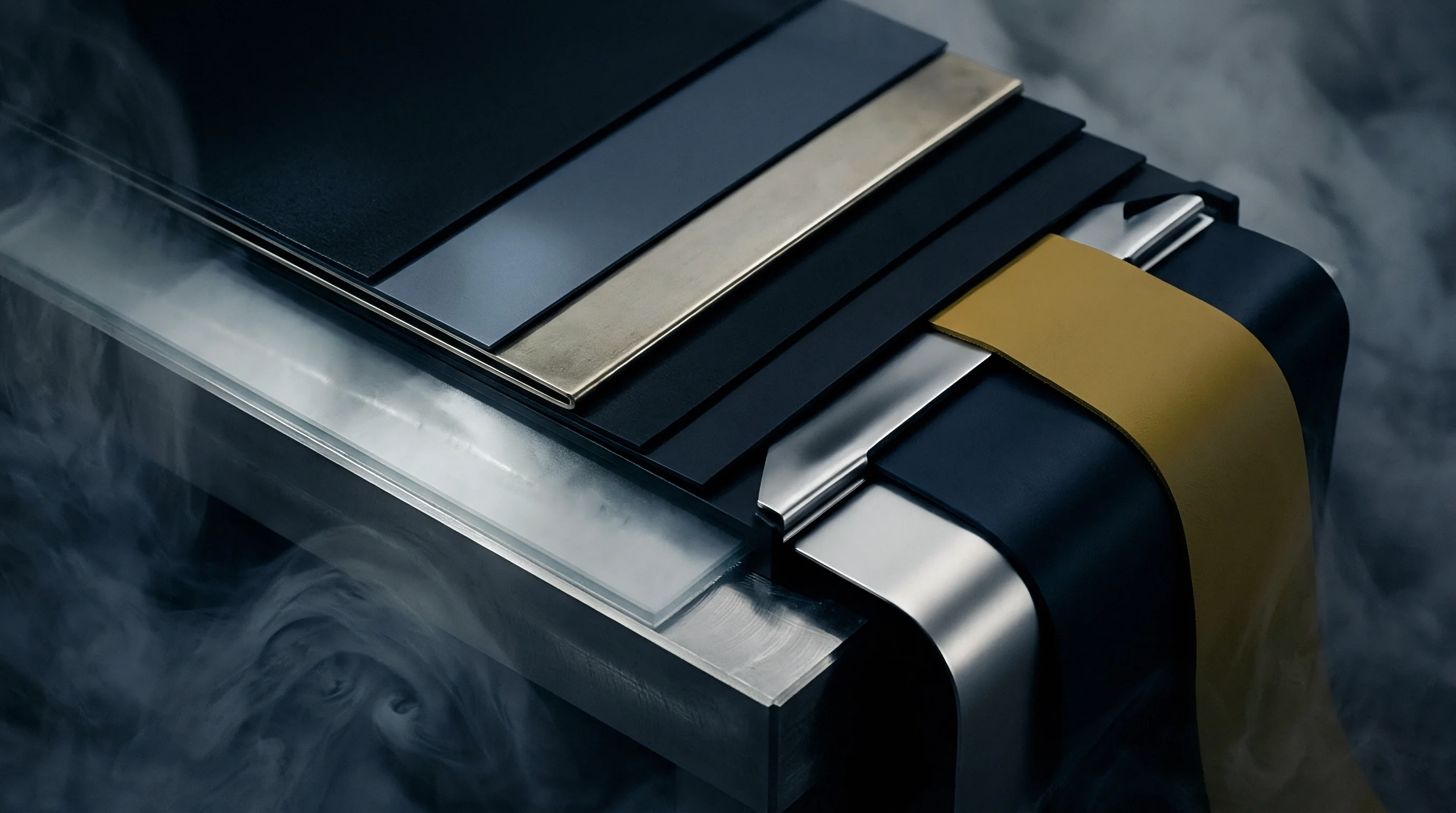 Layers of metal and polymer sheets are assembled with a yellow band amidst rising white vapor.