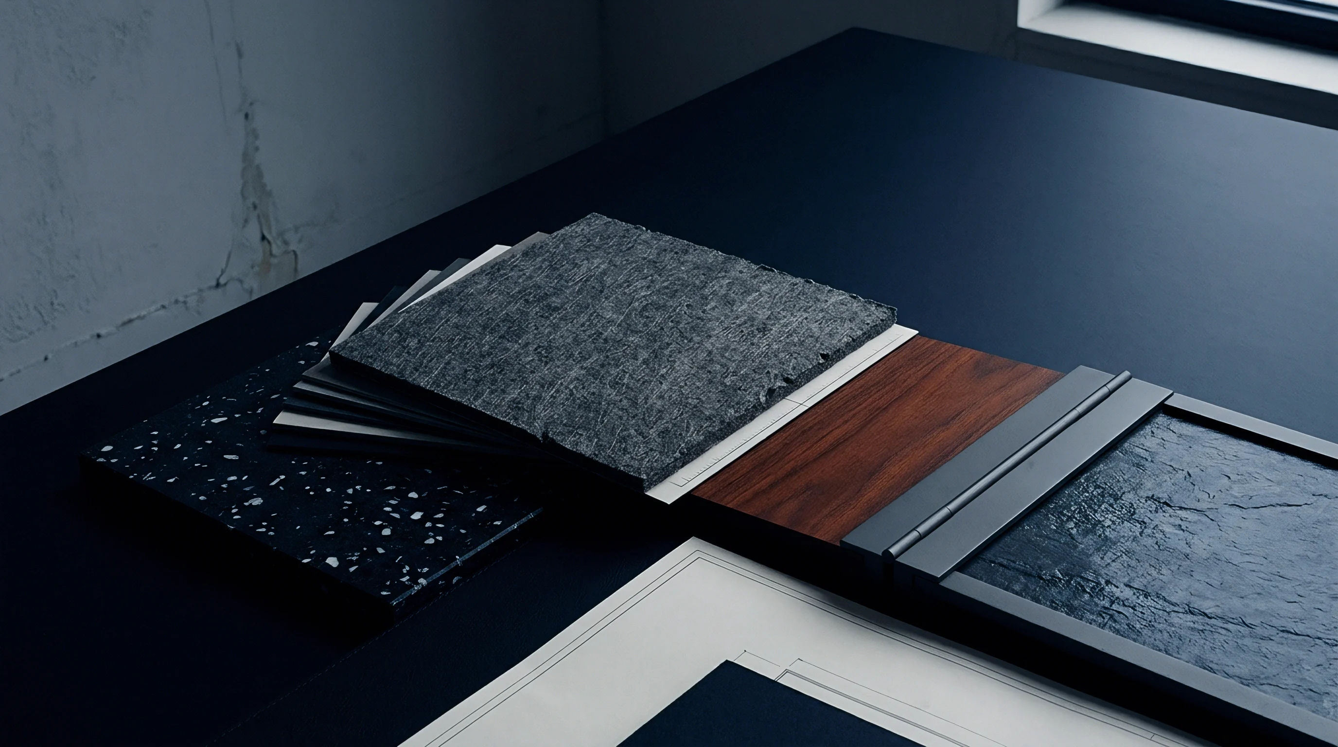 Various material samples including terrazzo slab layered felt tiles dark hardwood veneer and textured stone sit arranged on a matte industrial workspace surface.