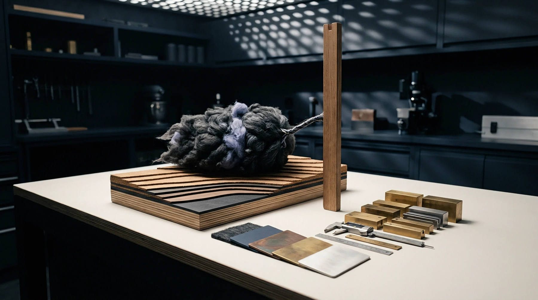 Layered timber plywood, brass blocks, and a dense textile mass sit on a workbench surface inside a dim development laboratory for analysis.