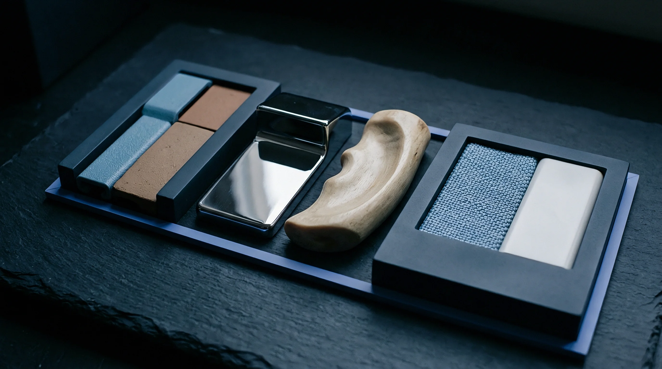 Multiple tactile material samples including wood, metal, ceramic, and textile are arranged in dark frames on a textured slate surface.