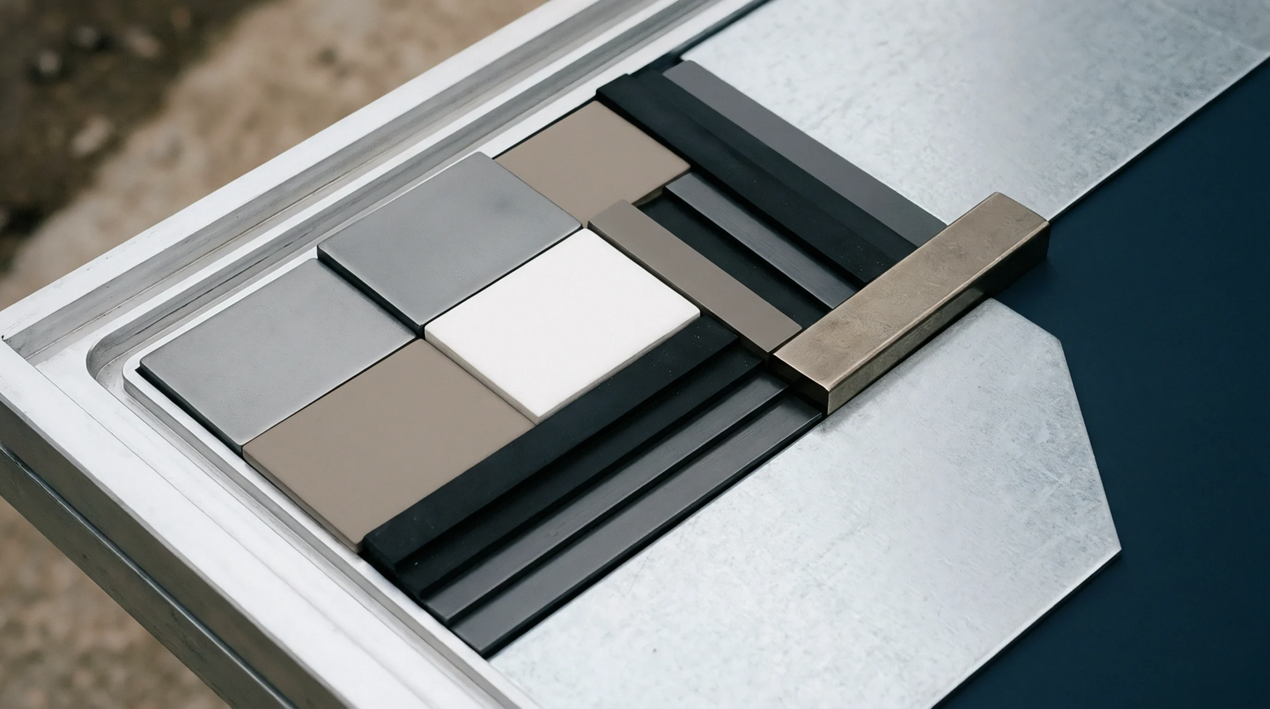 Rectangular material swatches in neutral tones and metals sit assembled within a machined aluminum tray on an industrial assembly table.