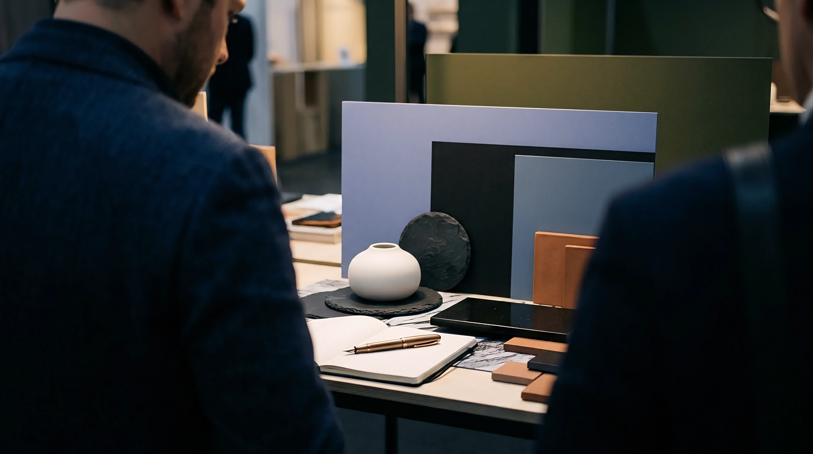 Two industry professionals examine assorted material samples and textured panels across a collaborative workstation during product sourcing development.