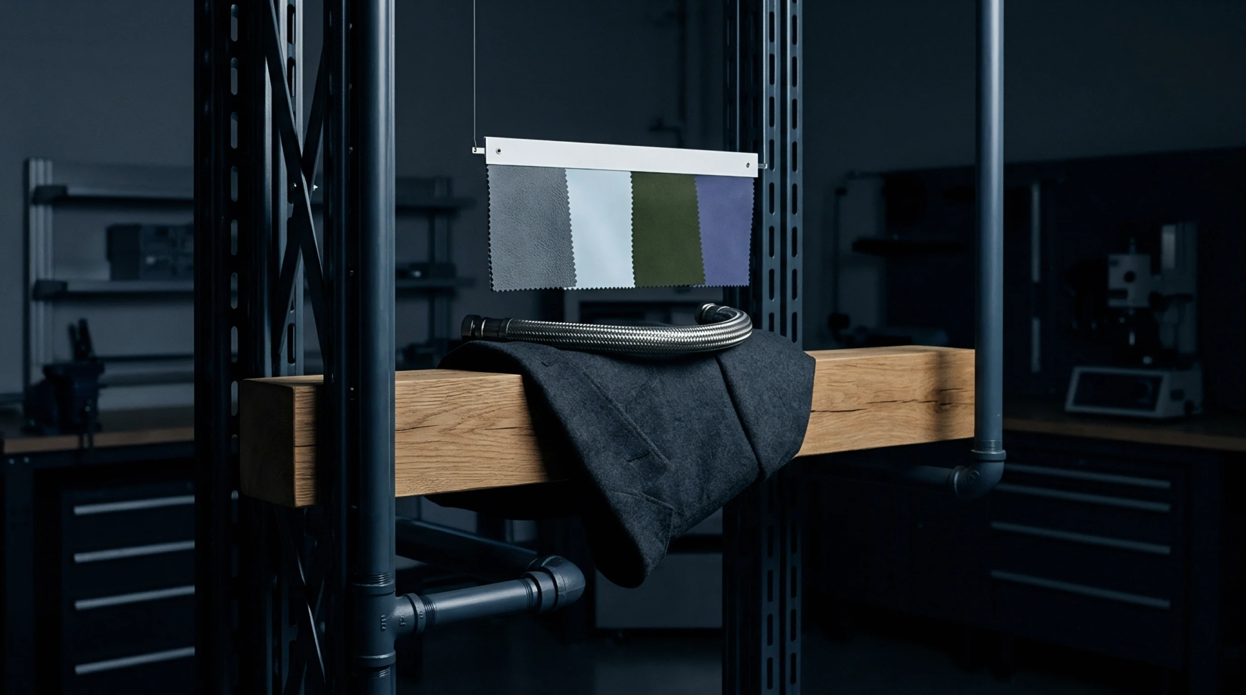 A suspended wooden beam supports a metal braided hose and dark textile jacket beneath a hanging array of fabric material samples.