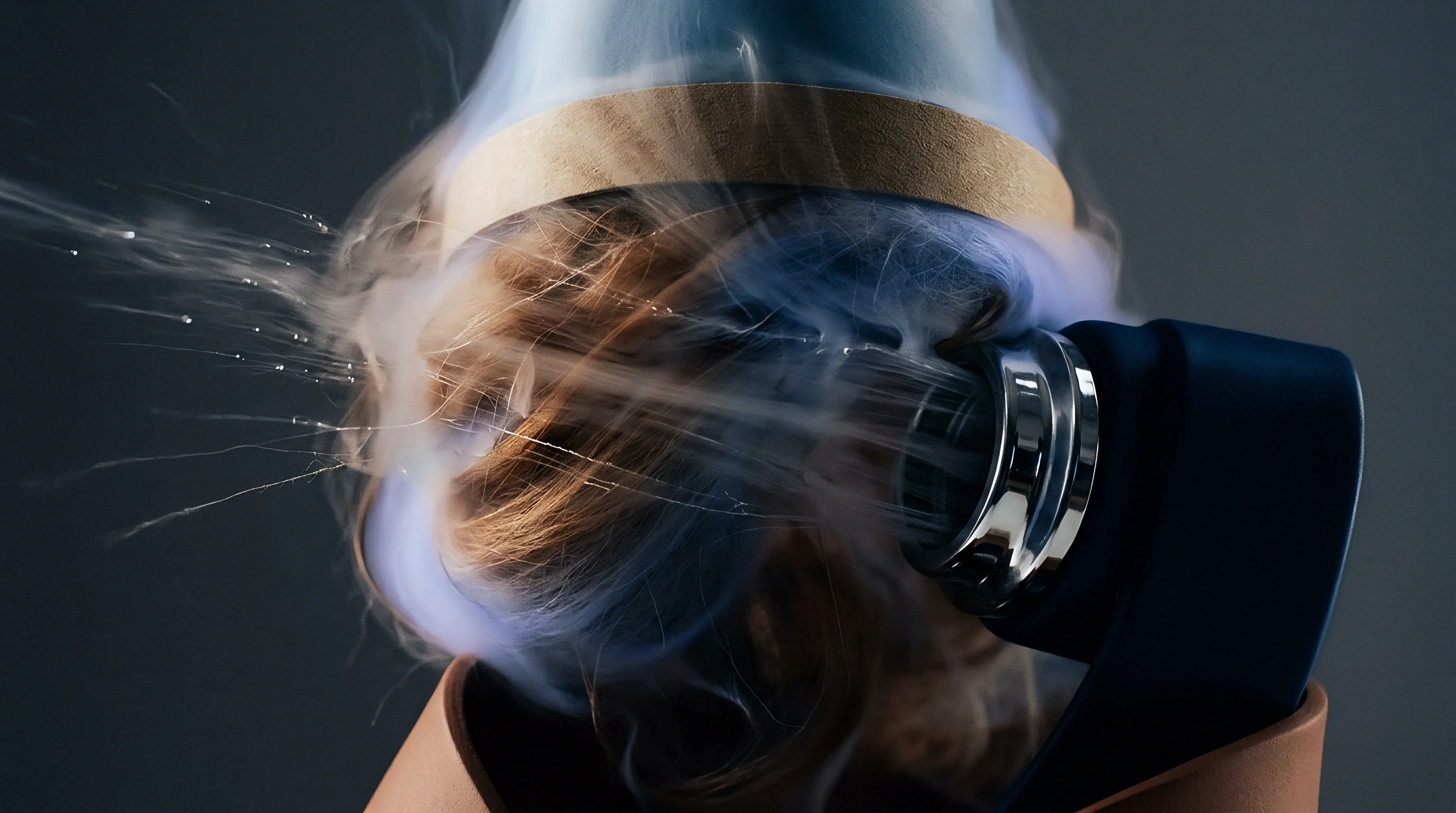 An automated industrial nozzle projects a high velocity vapor stream onto processed fibrous material mounted within a manufacturing assembly fixture.