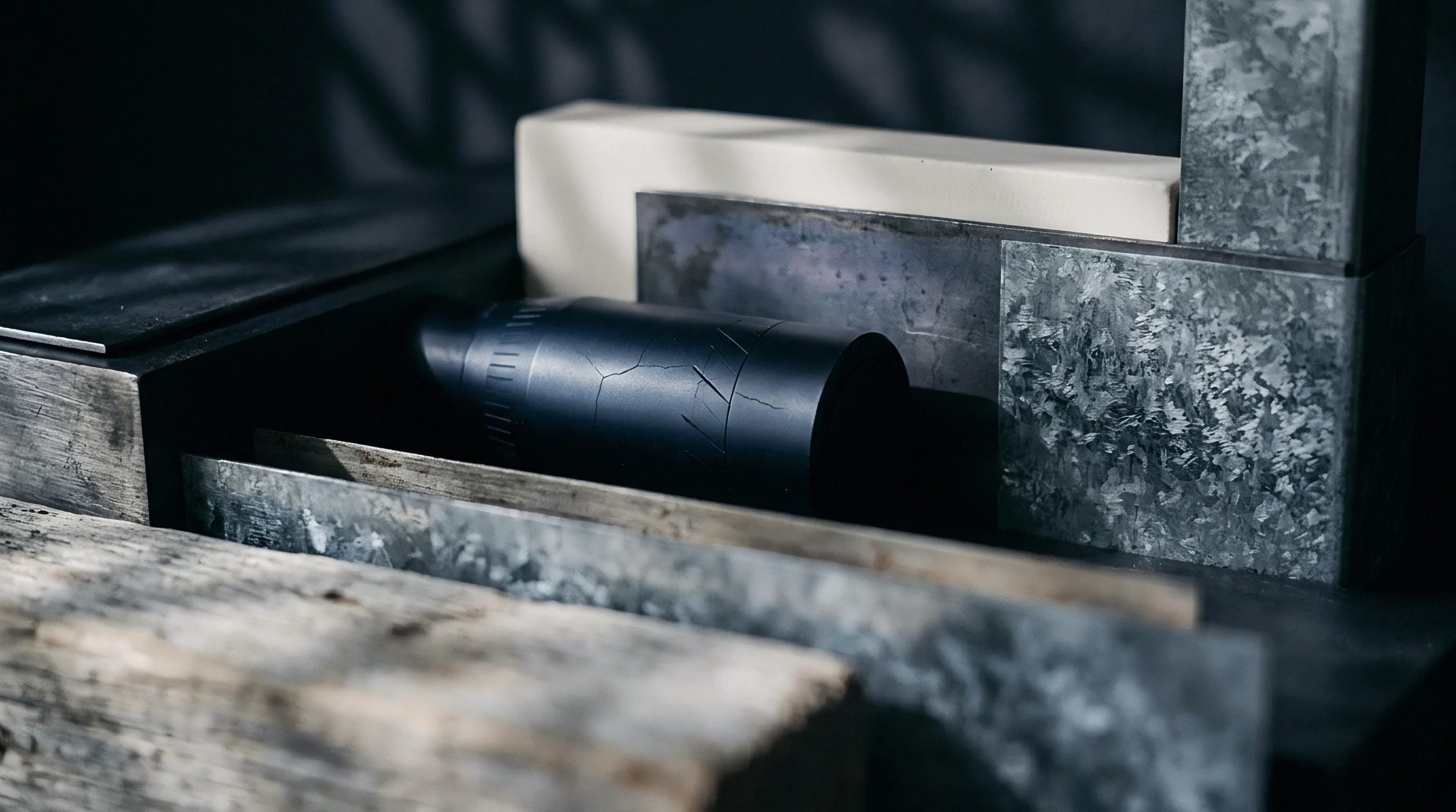 An arrangement of industrial material samples comprises galvanized steel plates, a polymer block, a graphite cylinder, and weathered wood blocks.