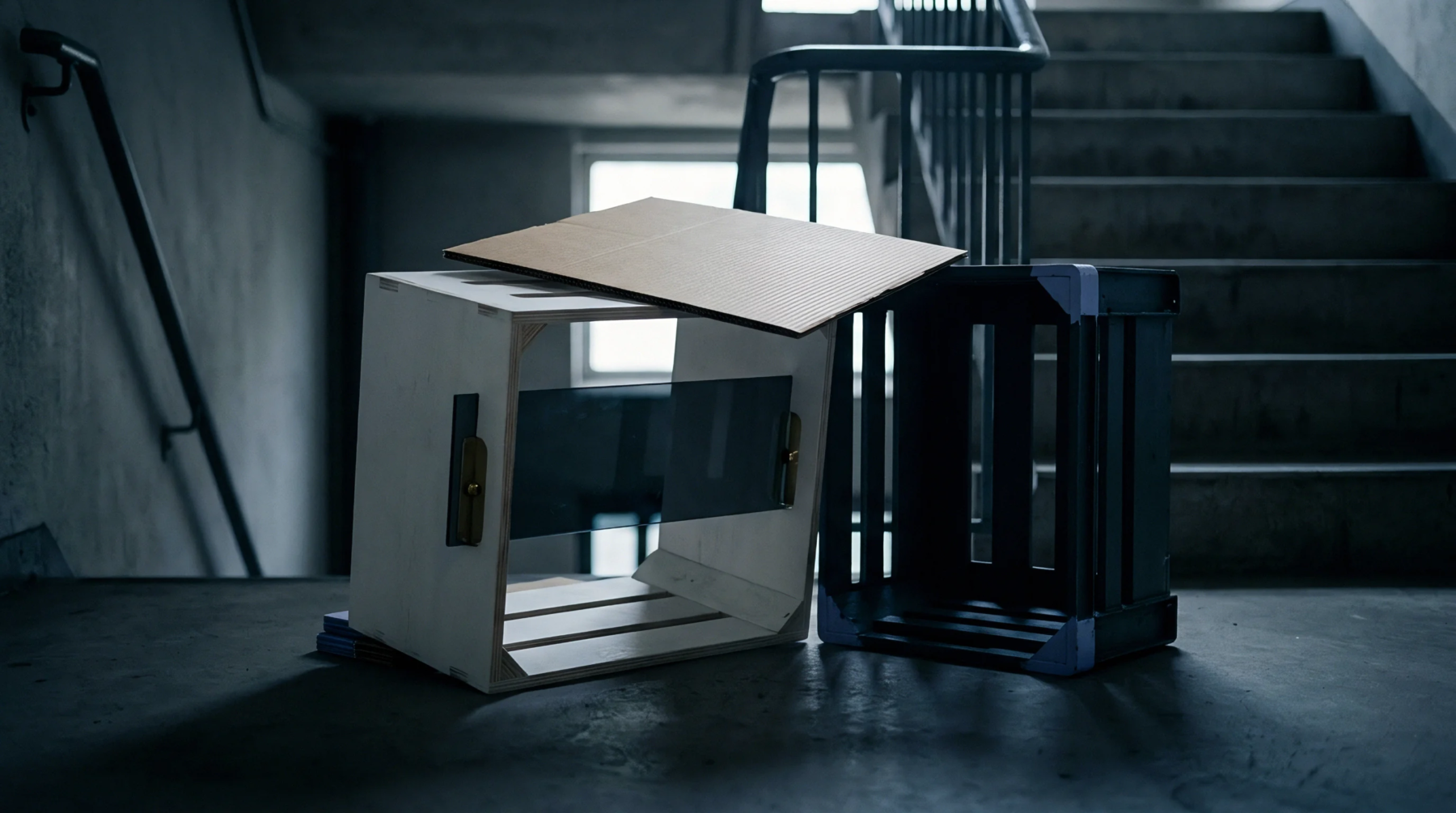 Plywood frames and synthetic industrial crates sit stacked on a concrete floor within an austere industrial stairwell.