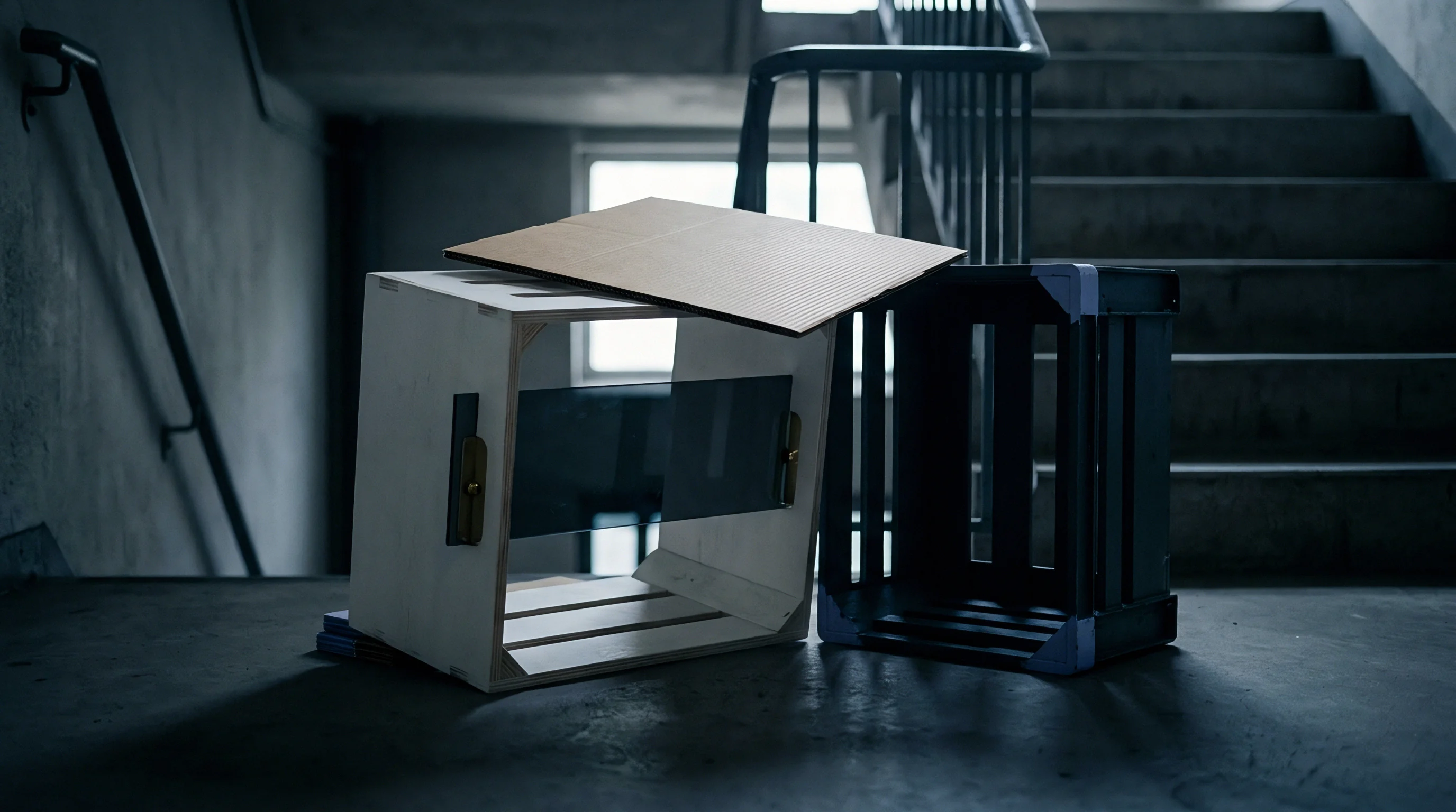 Plywood frames and synthetic industrial crates sit stacked on a concrete floor within an austere industrial stairwell.