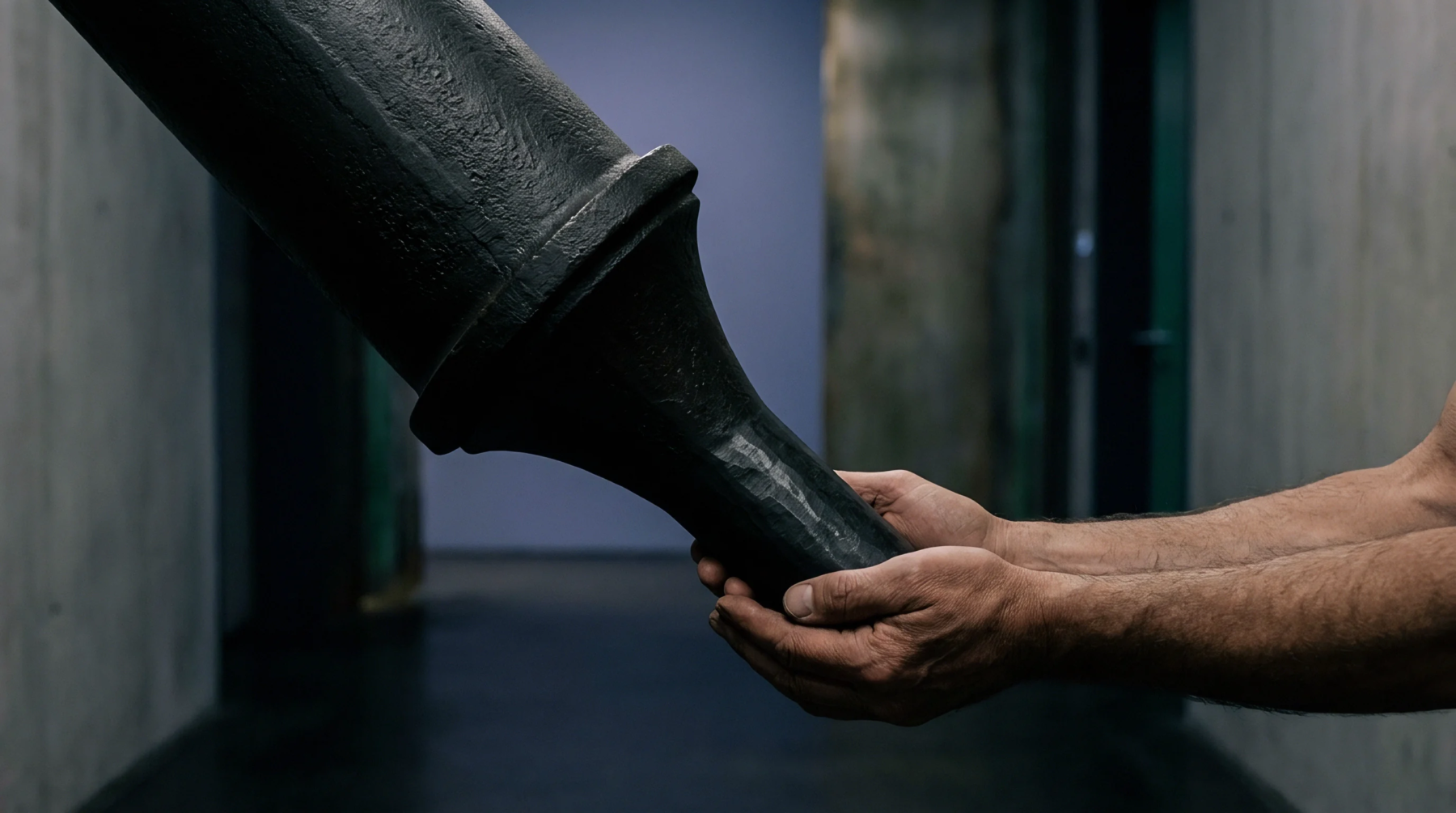 Hands grasp the tapering end of a dark iron structural element positioned within a sterile industrial corridor suggesting collaborative industrial production frameworks.