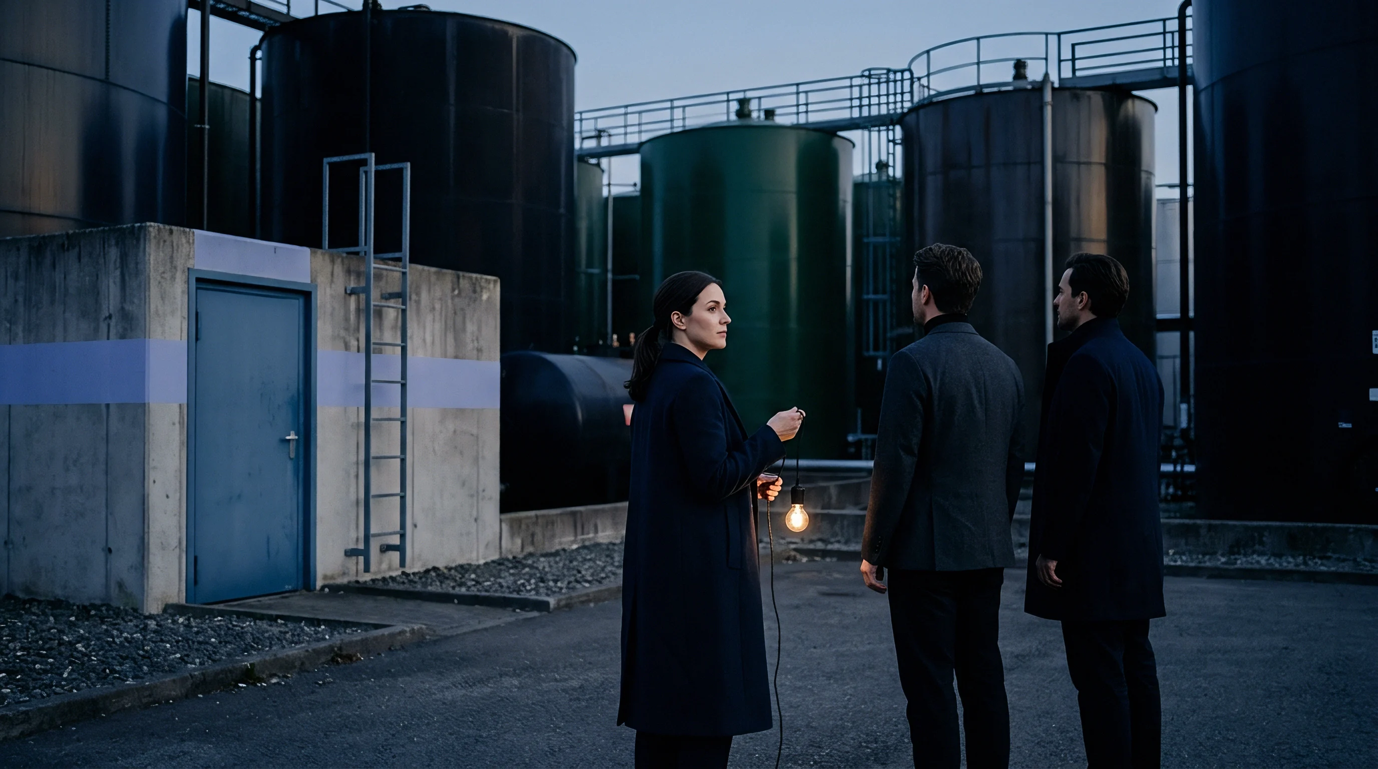 Three professionals inspect manufacturing infrastructure near cylindrical industrial storage tanks outside a concrete technical facility at dusk.