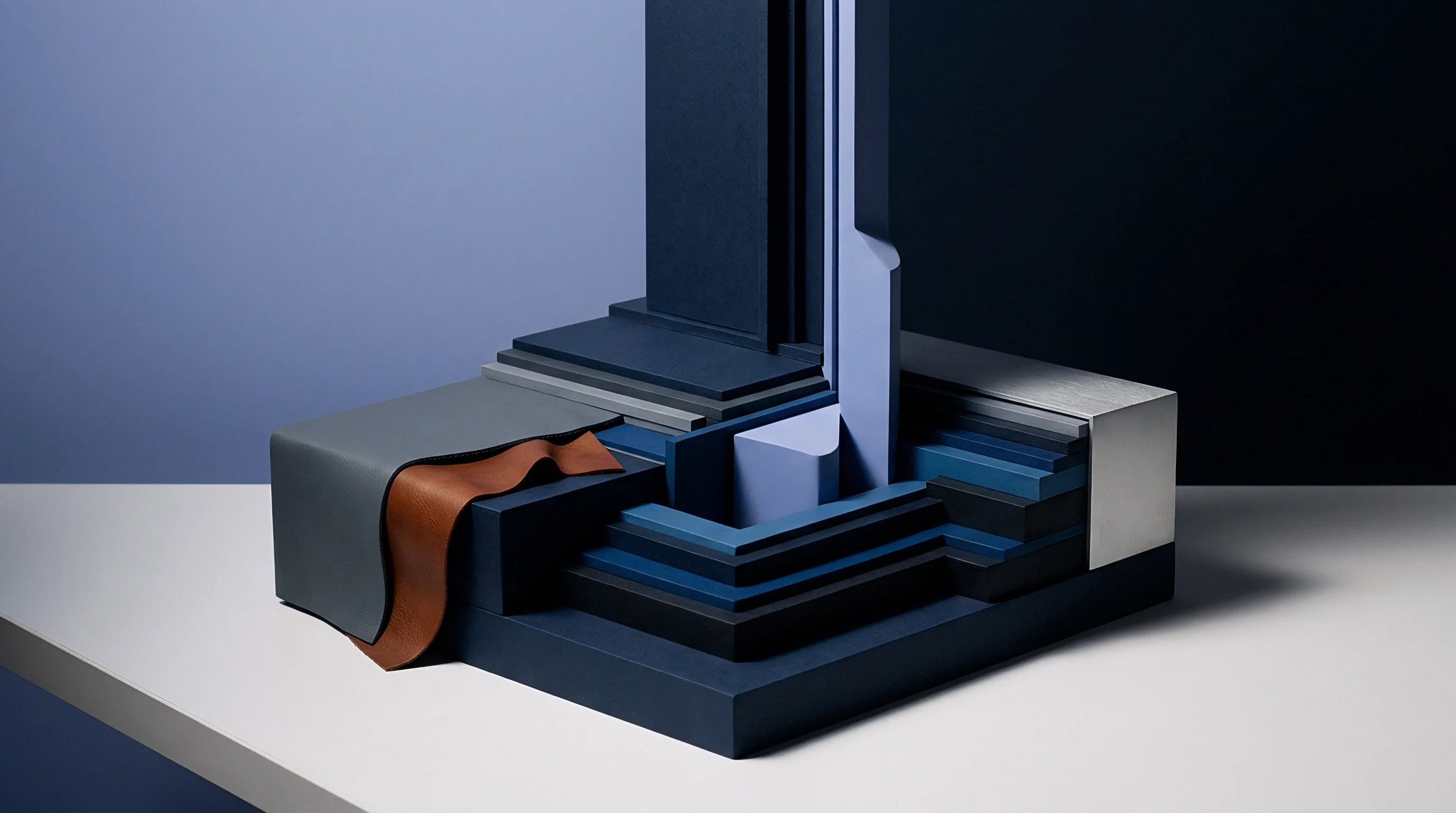 A stylized illustration presents a cut-away view of an industrial product's layered internal structure with various material components.