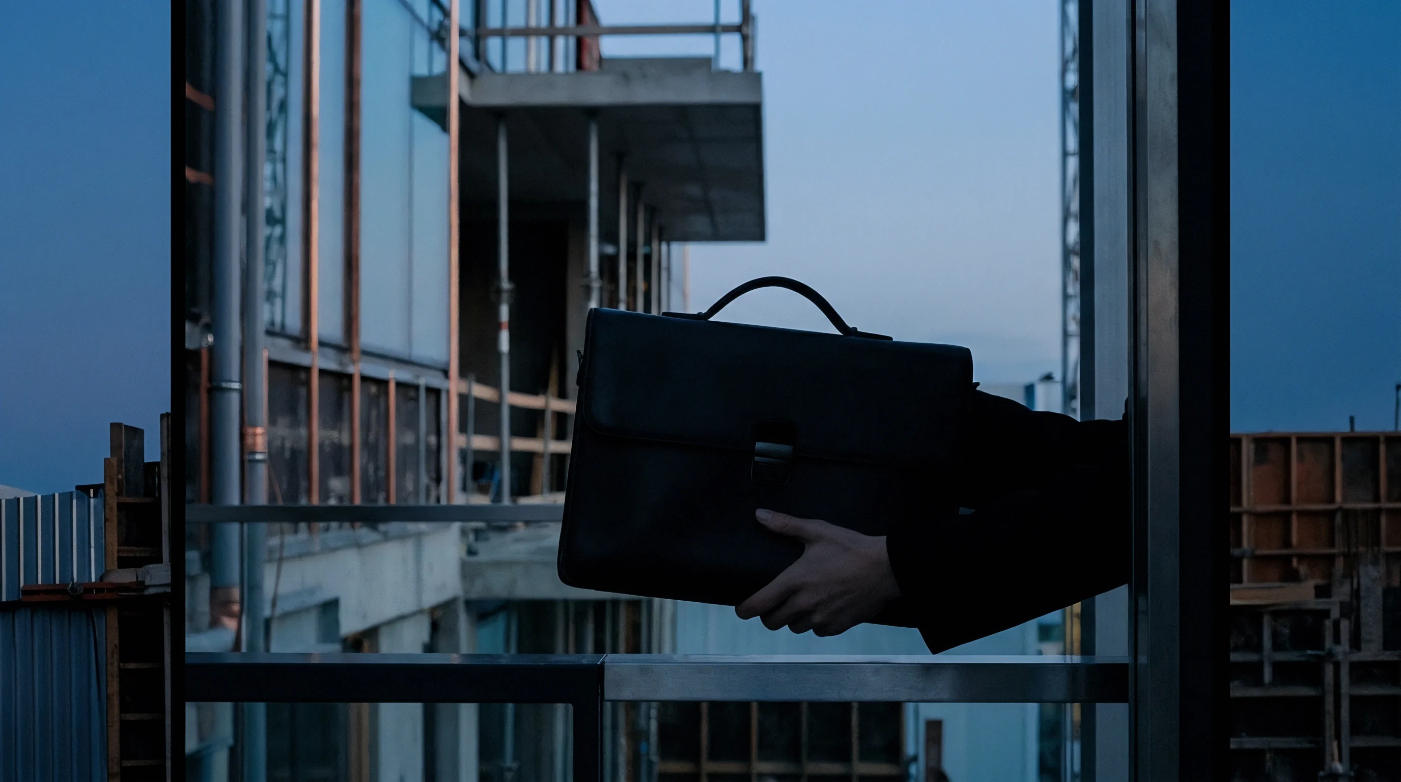 Silhouetted hands hold a dark briefcase with visible fasteners before a multi story building construction site.