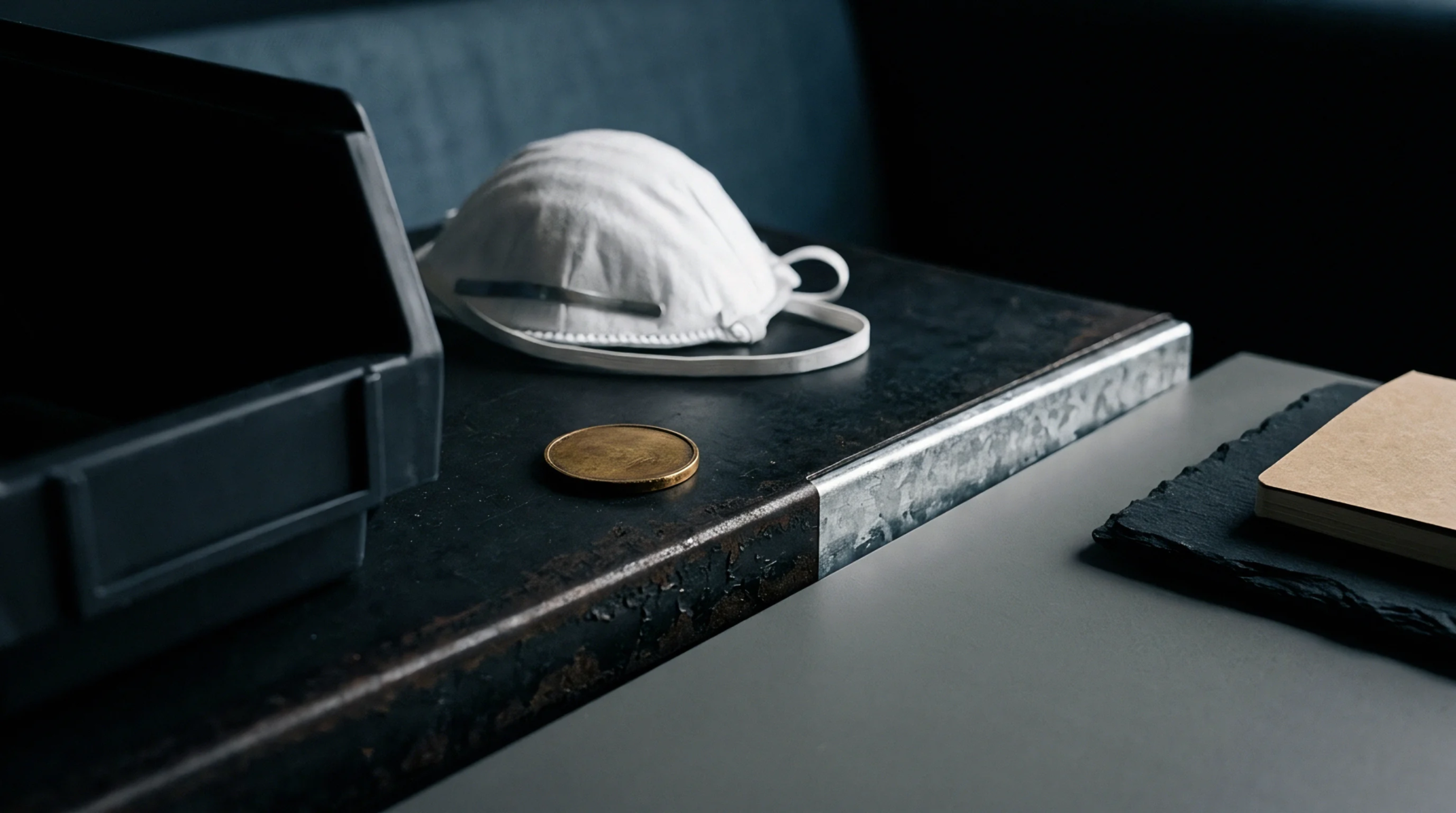 A white particulate respirator rests beside a metallic circular component on a dark textured workbench surface.
