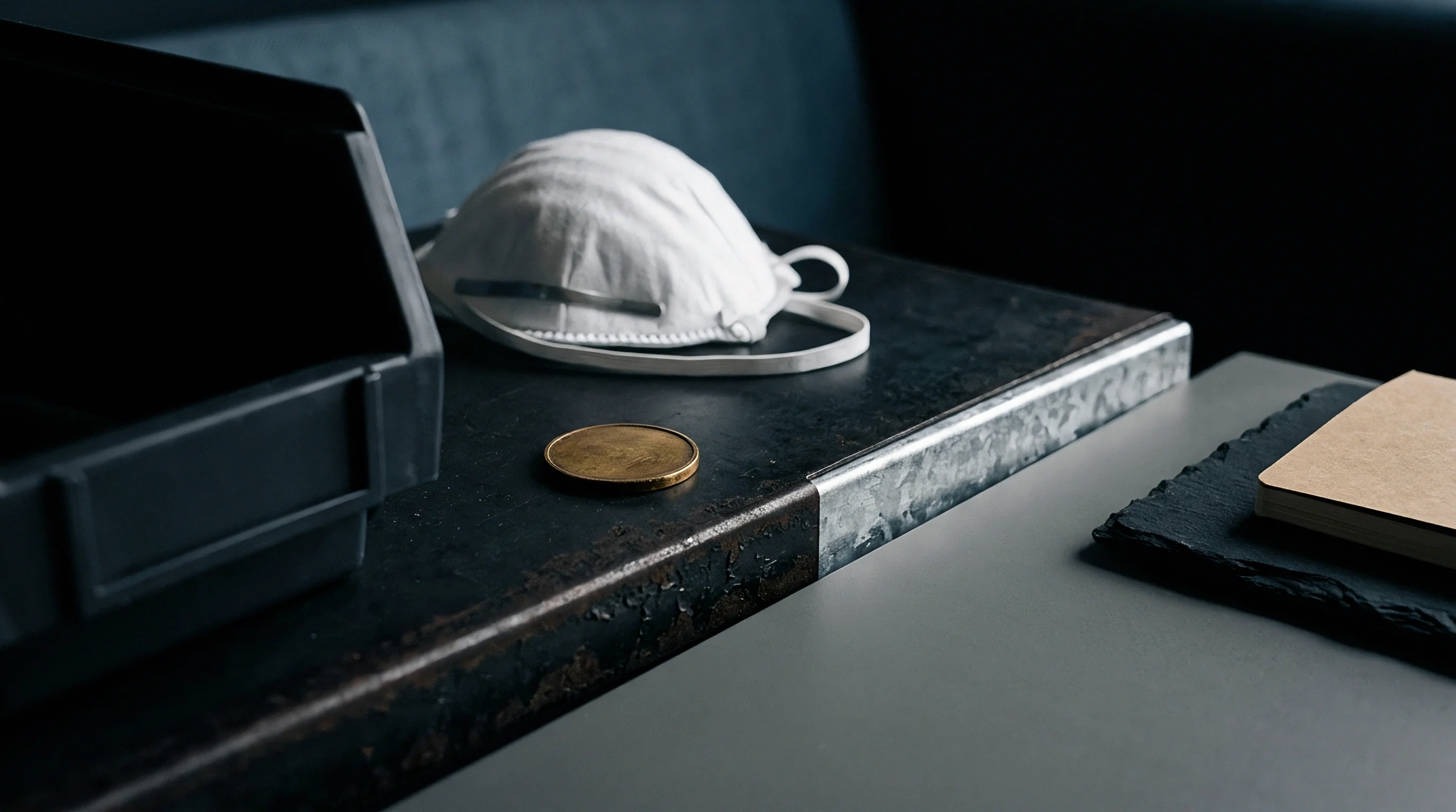A white particulate respirator rests beside a metallic circular component on a dark textured workbench surface.