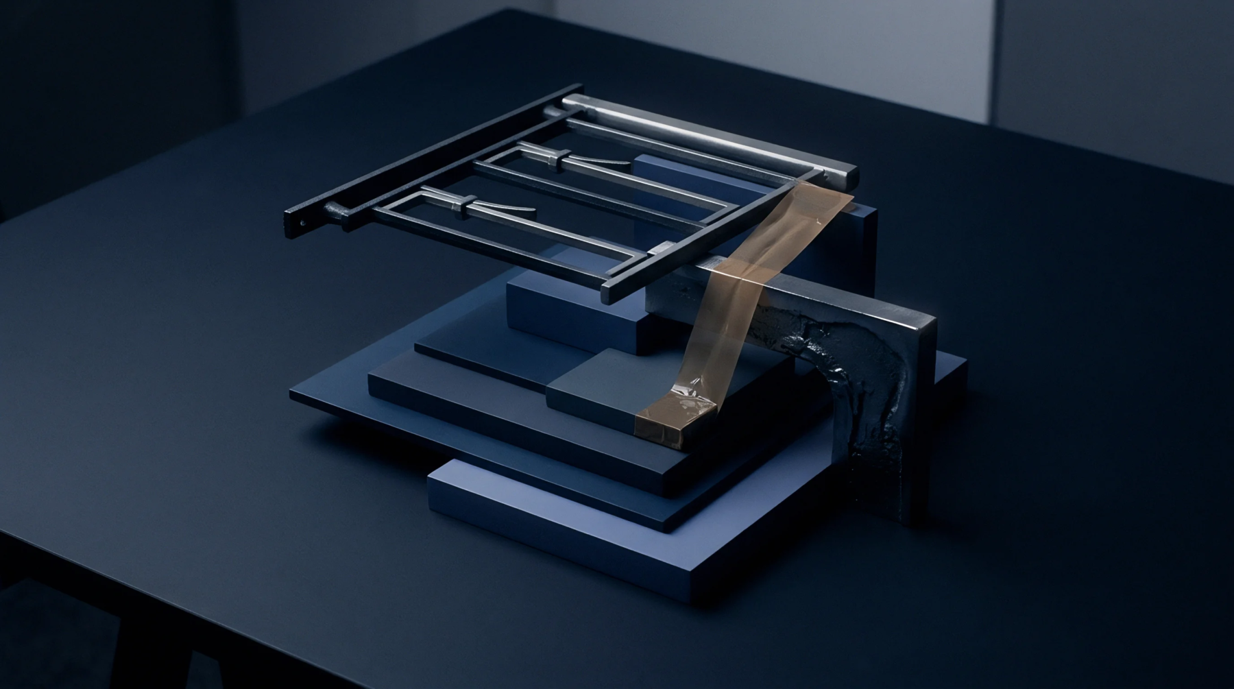 An industrial 3D render of a geometric model features dark blue blocks supporting a silver metal frame held by a translucent brown strip.