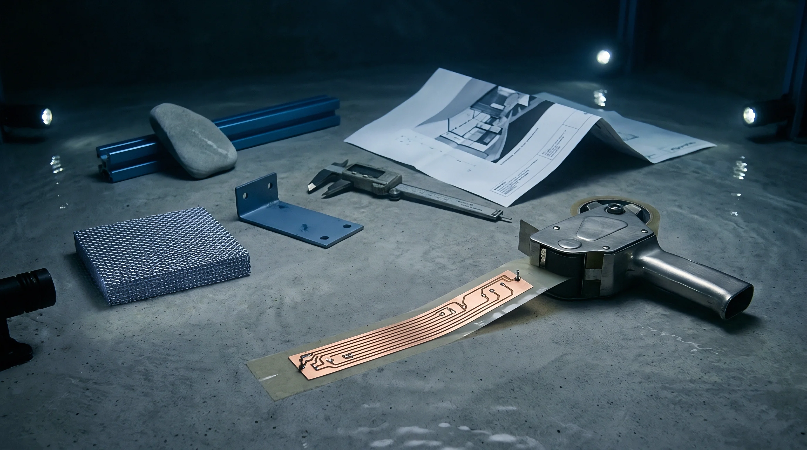 Industrial prototyping materials, a digital caliper, technical blueprints, an angled bracket, and a flexible circuit board rest on a grey workshop surface.