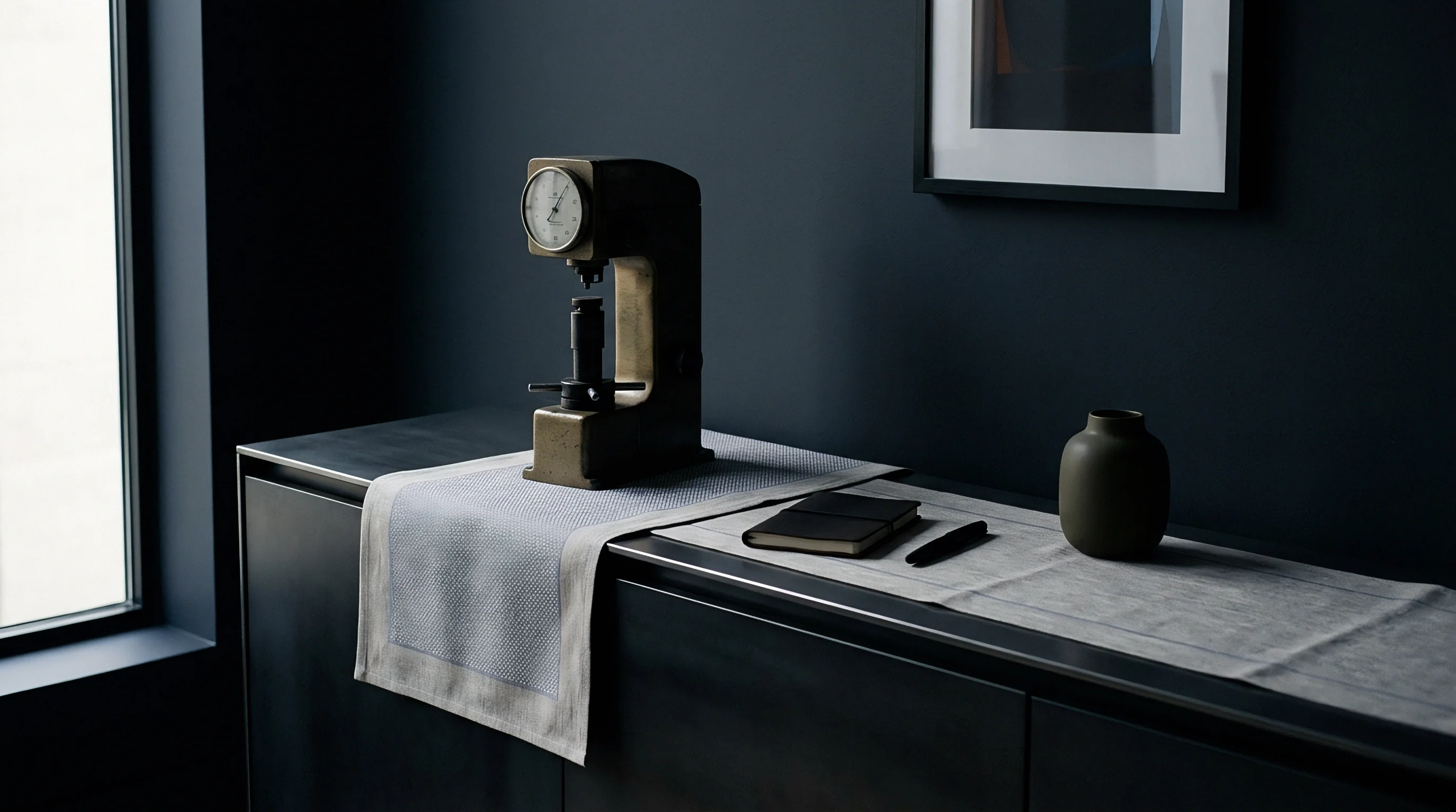 A vintage mechanical hardness tester rests on a textile runner alongside a notebook and vase against a dark matte wall.