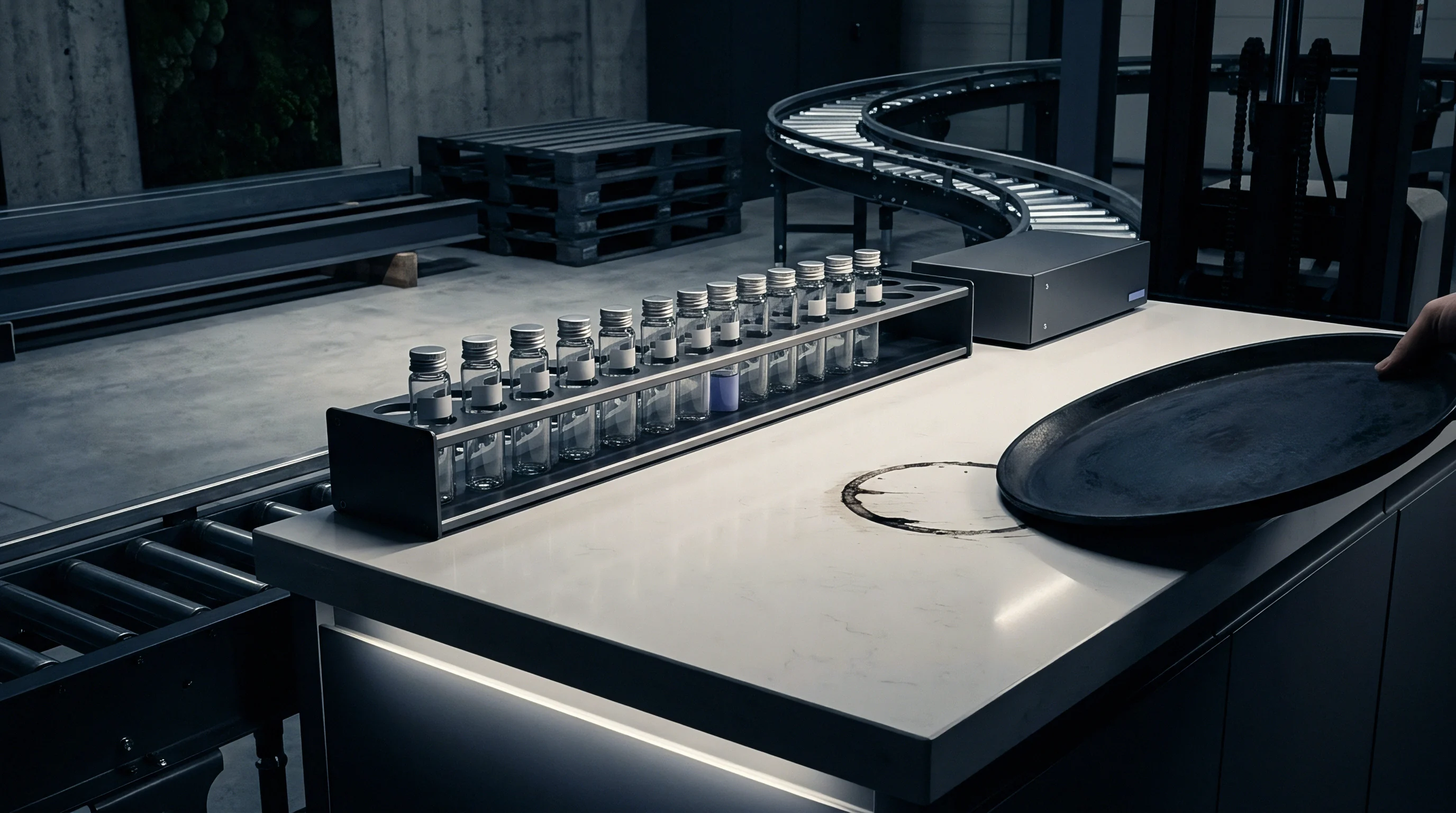 A metal rack containing glass sample vials sits on a white composite workbench inside an industrial manufacturing plant with conveyor infrastructure.