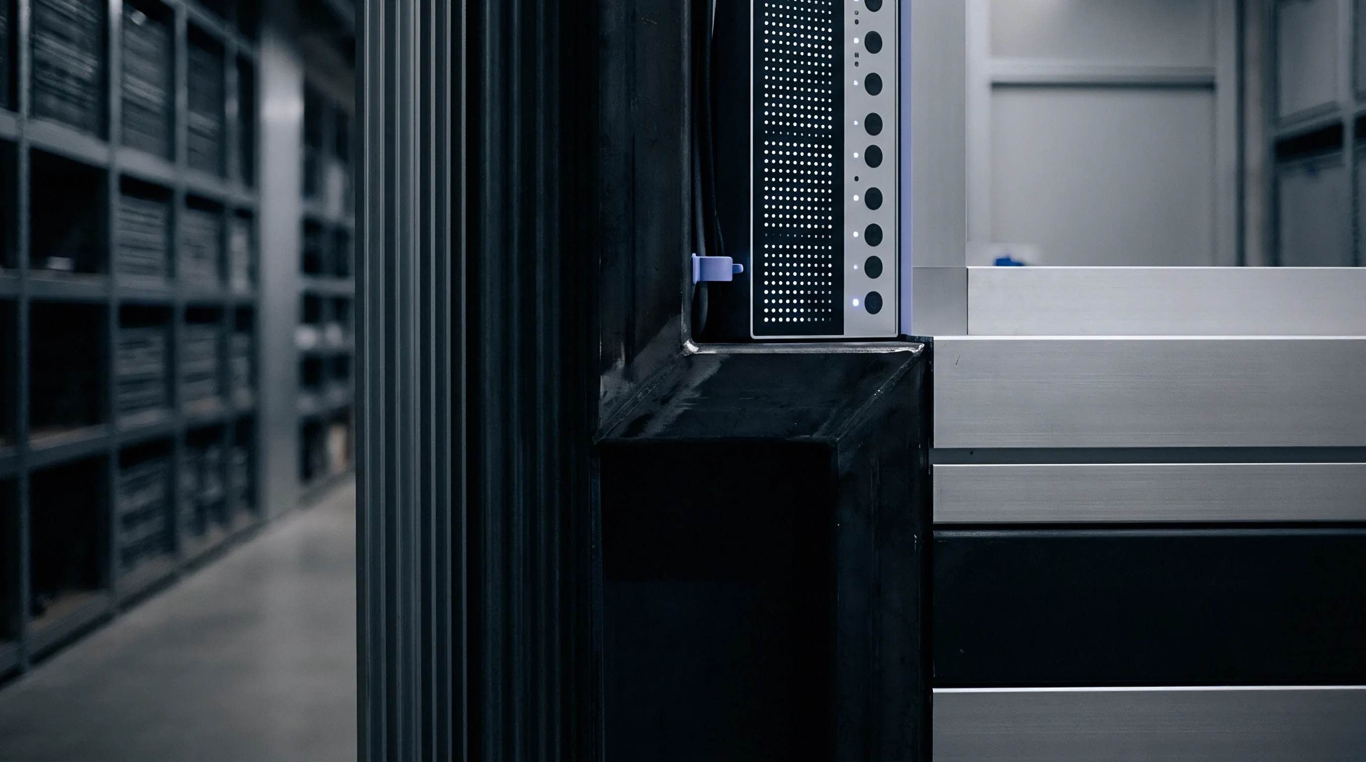 Modular hardware racks stand positioned beside industrial shelving units within a high density storage environment for technical manufacturing inventory management and logistics control.