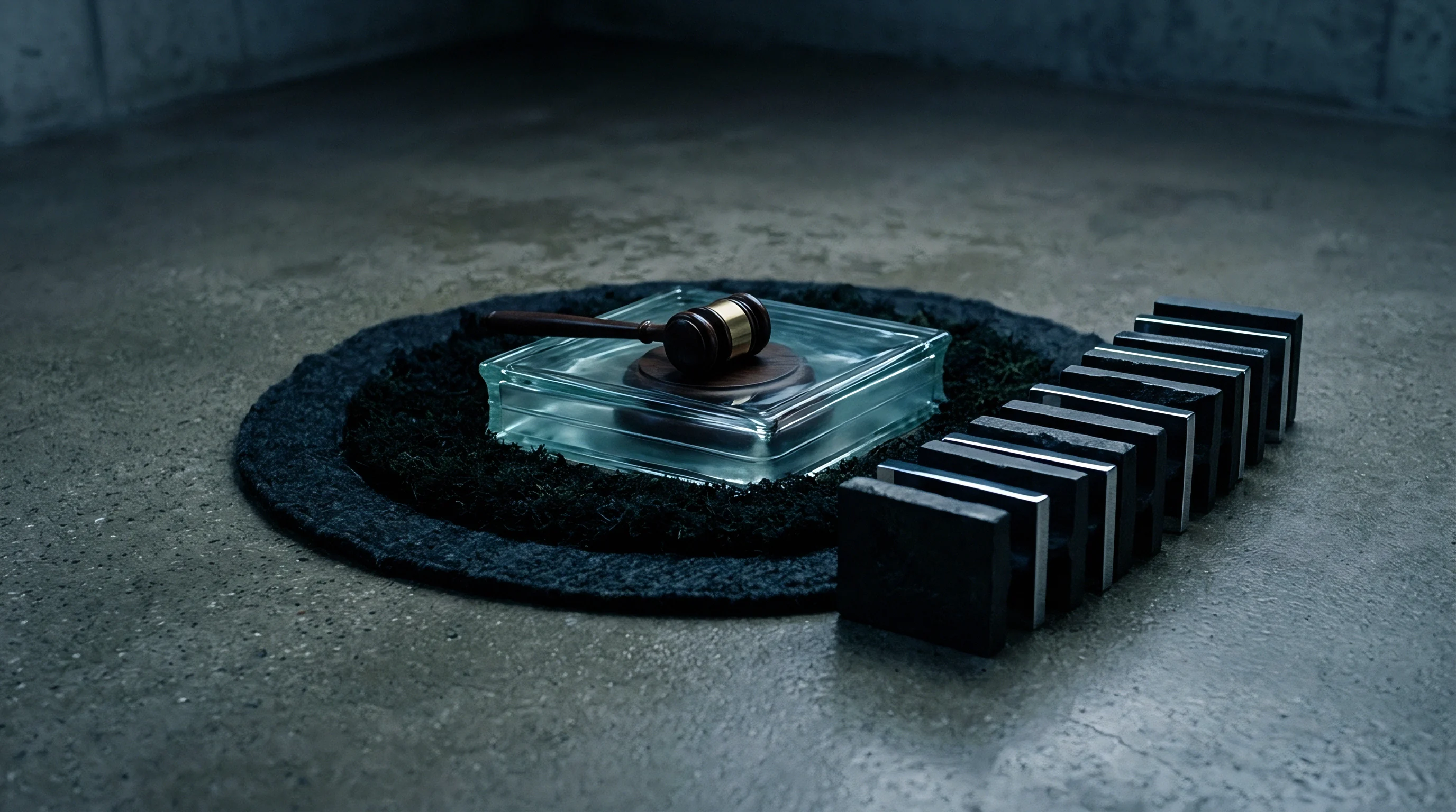A wooden gavel sits on a glass block beside a row of steel beams on a textured concrete floor.