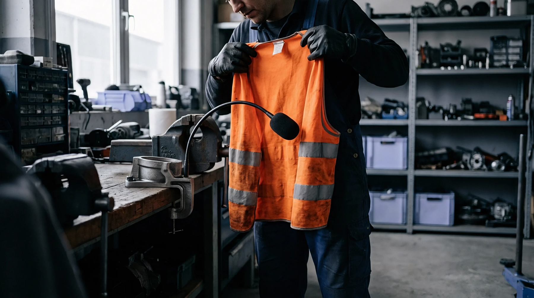 A technician in protective apparel inspects high visibility safety wear inside a machinery workshop equipped with metalworking benches.