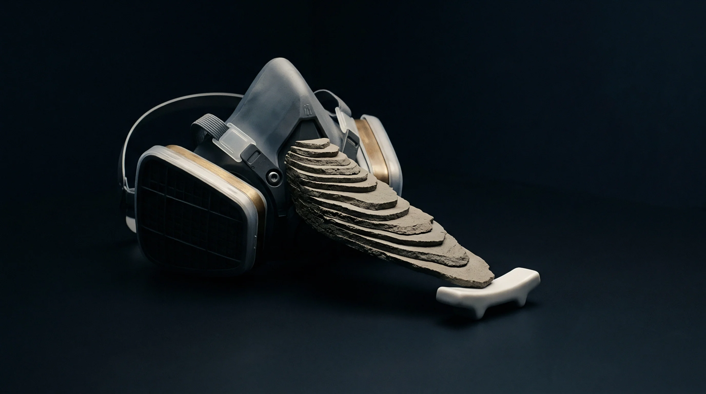 A grey industrial respirator mask rests beside a tiered formation of layered grey material, supported by a small white ceramic form on a dark surface.