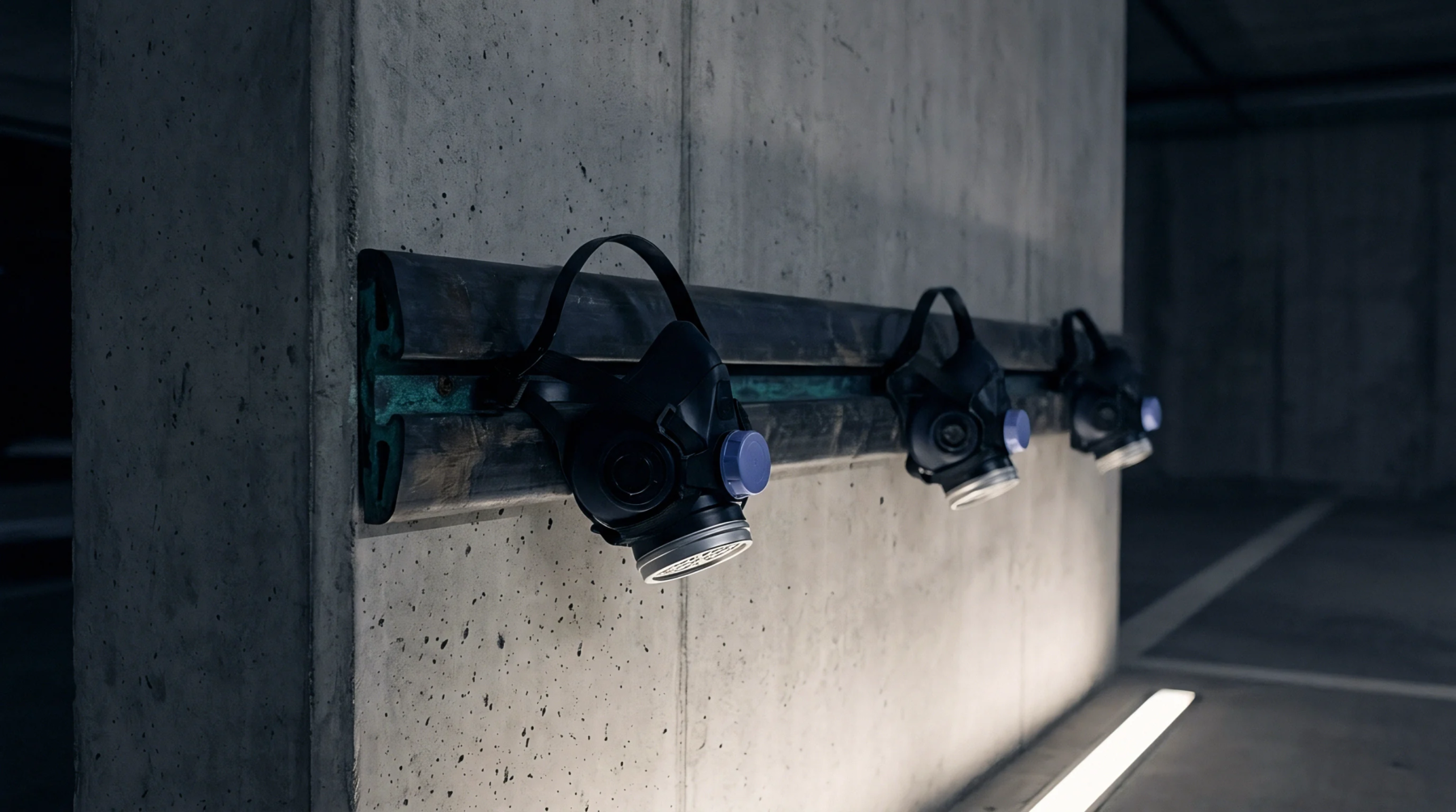 Three industrial respirators hang on a metal support rail mounted against a concrete wall inside a modern manufacturing facility.